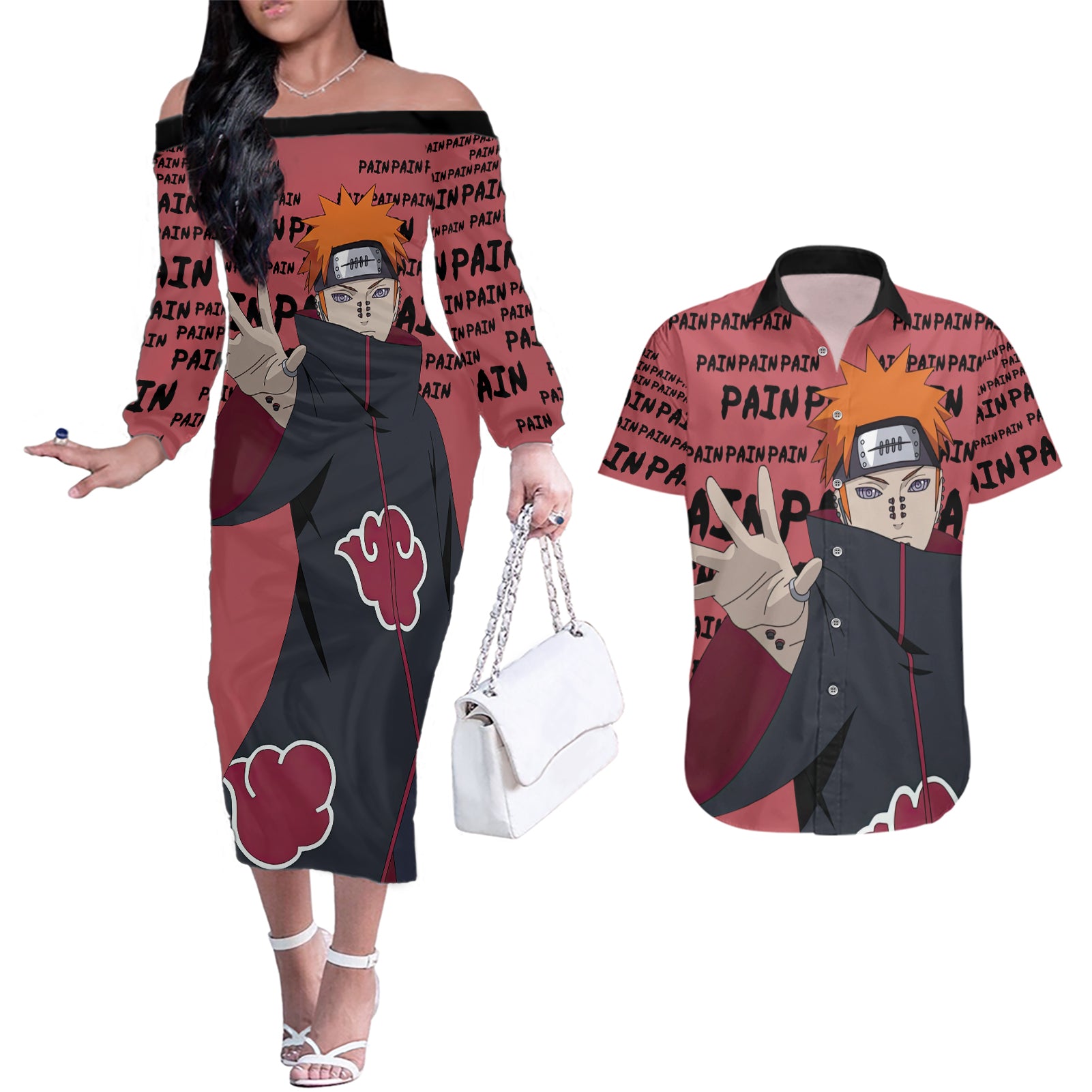 Pain - Style Manga Couples Matching Off The Shoulder Long Sleeve Dress and Hawaiian Shirt