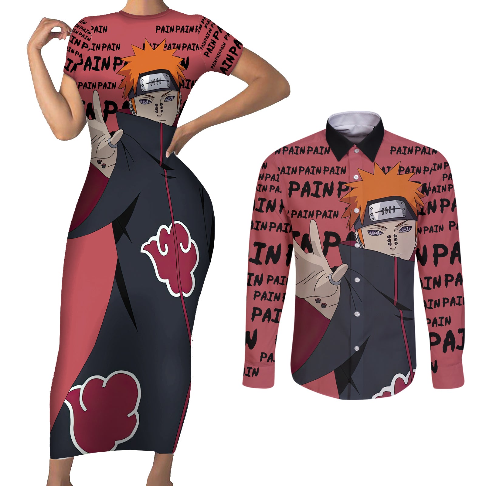 Pain - Style Manga Couples Matching Short Sleeve Bodycon Dress and Long Sleeve Button Shirt