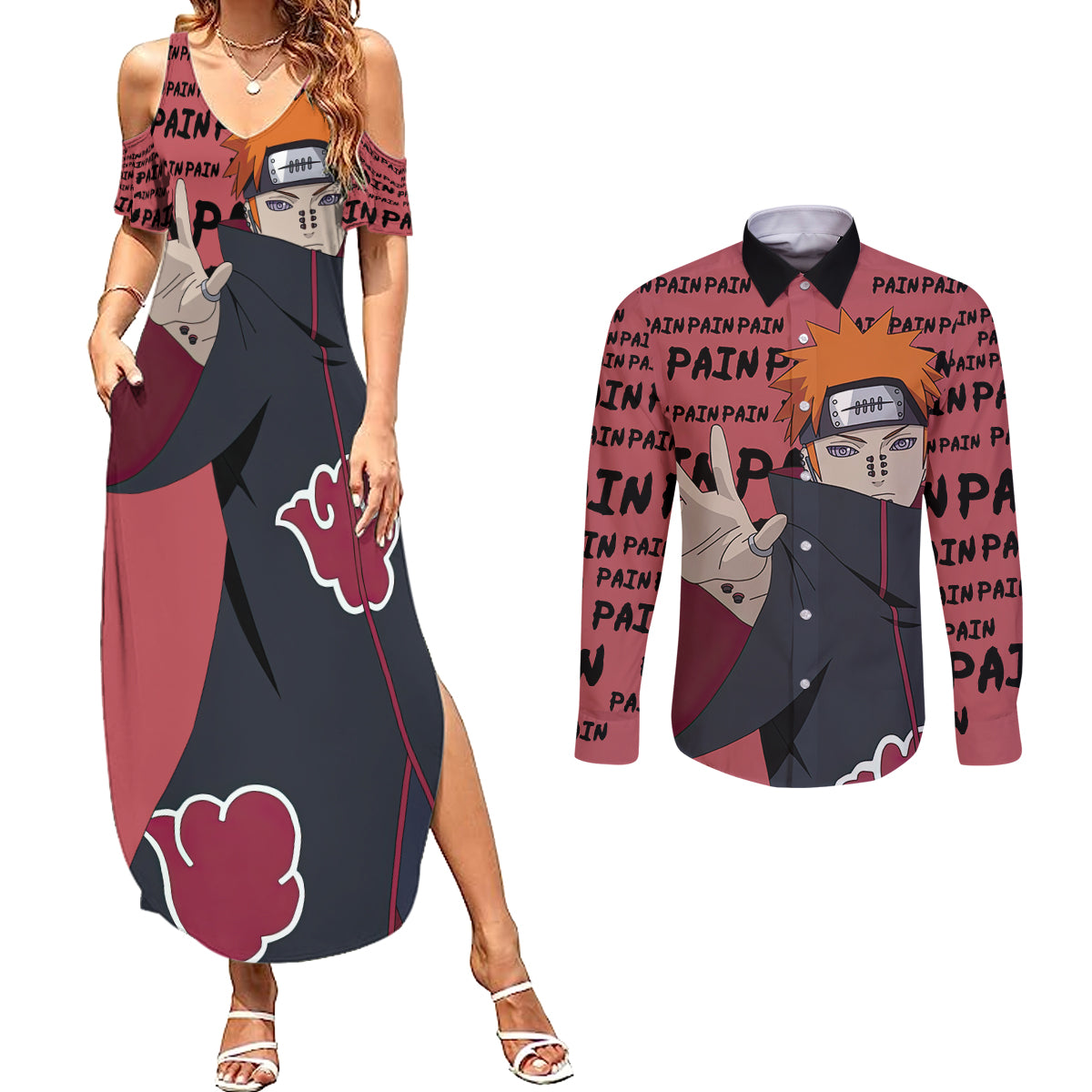 Pain - Style Manga Couples Matching Summer Maxi Dress and Long Sleeve Button Shirt