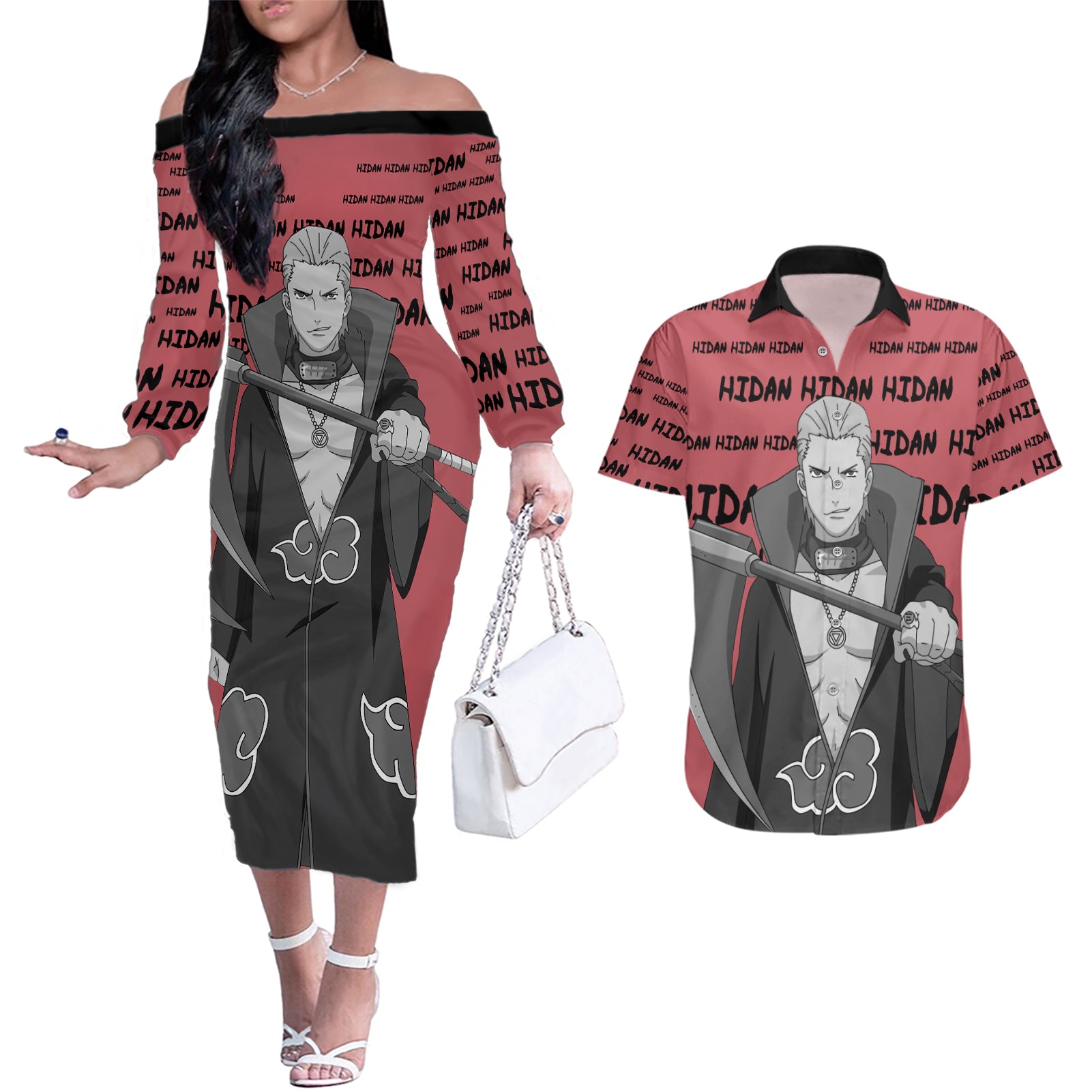 Hidan - Style Manga Couples Matching Off The Shoulder Long Sleeve Dress and Hawaiian Shirt