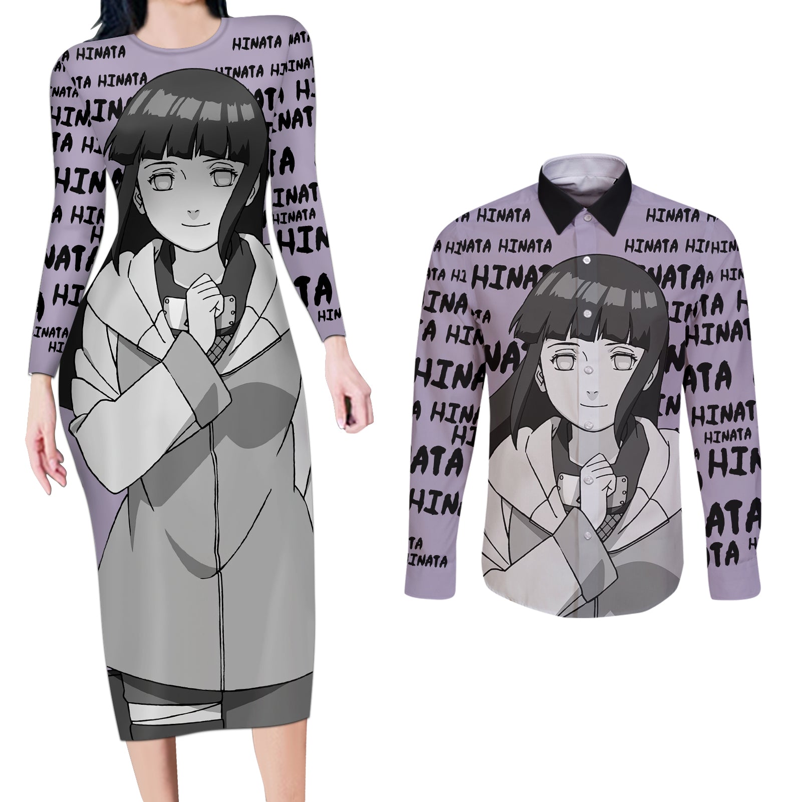 Hinata Hyuga - Style Manga Couples Matching Long Sleeve Bodycon Dress and Long Sleeve Button Shirt