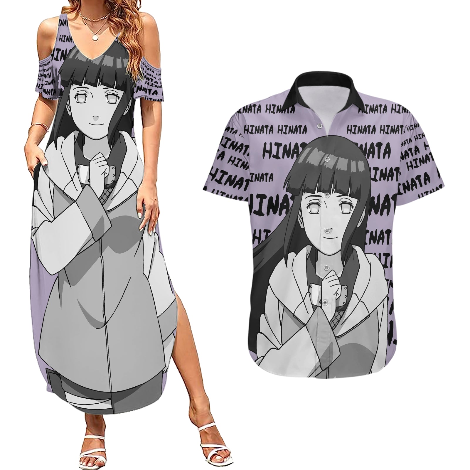 Hinata Hyuga - Style Manga Couples Matching Summer Maxi Dress and Hawaiian Shirt