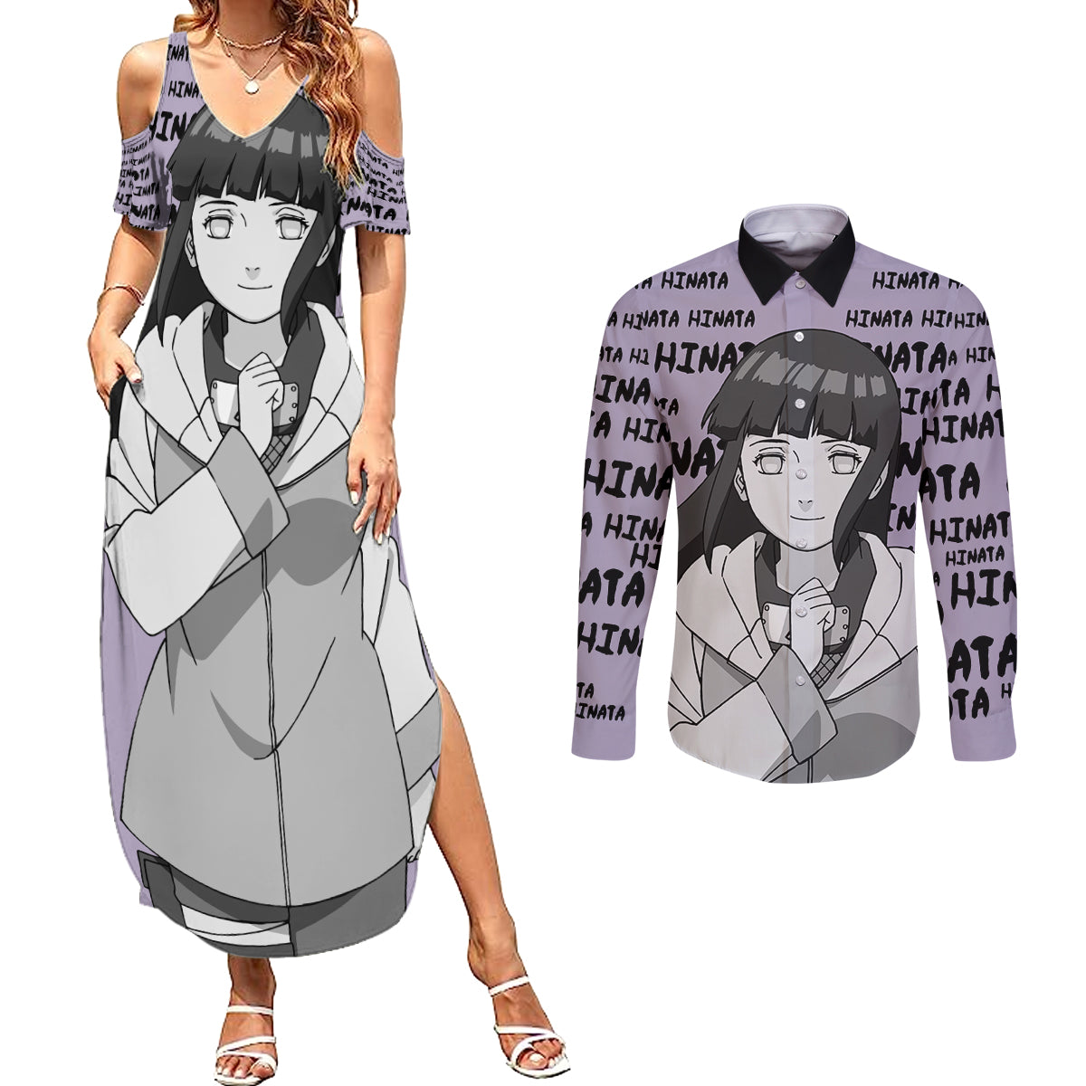 Hinata Hyuga - Style Manga Couples Matching Summer Maxi Dress and Long Sleeve Button Shirt