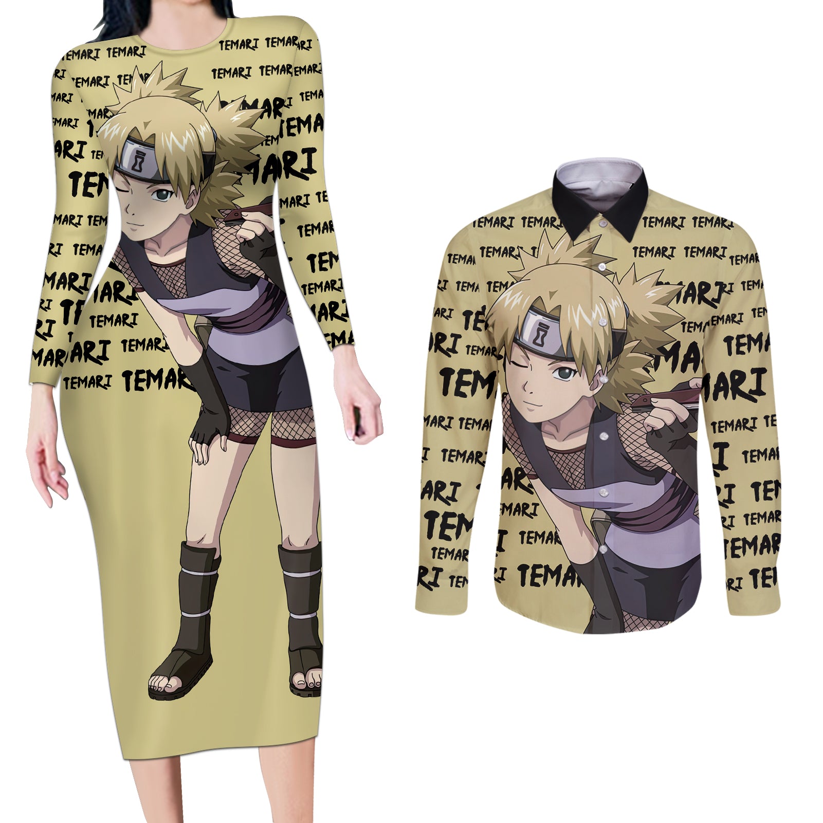 Temari - Style Manga Couples Matching Long Sleeve Bodycon Dress and Long Sleeve Button Shirt