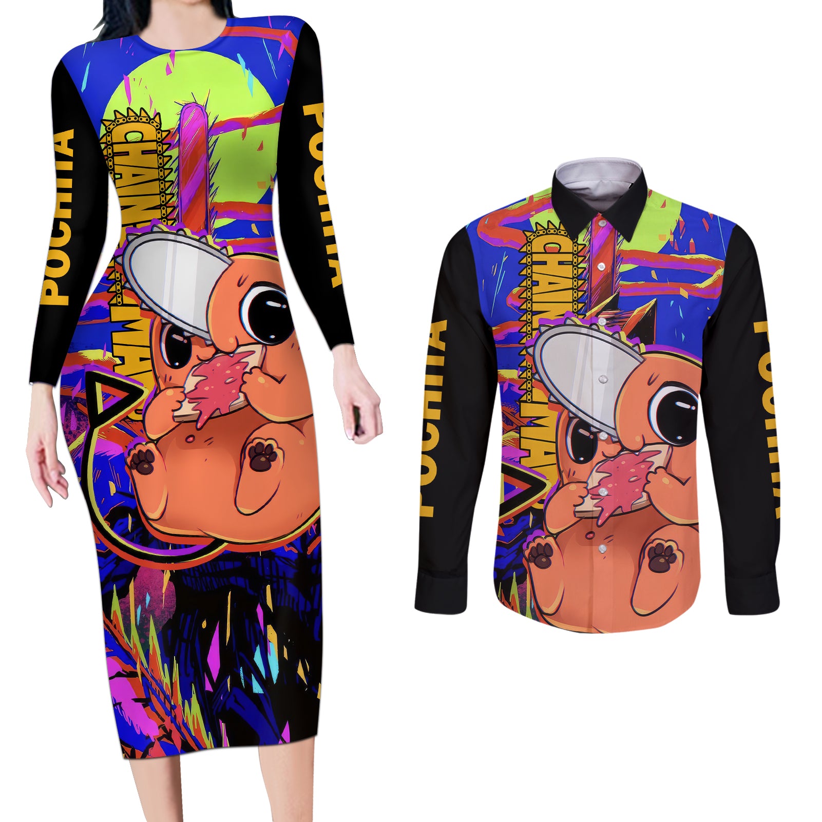 Pochita Couples Matching Long Sleeve Bodycon Dress and Long Sleeve Button Shirt Chainsaw Man