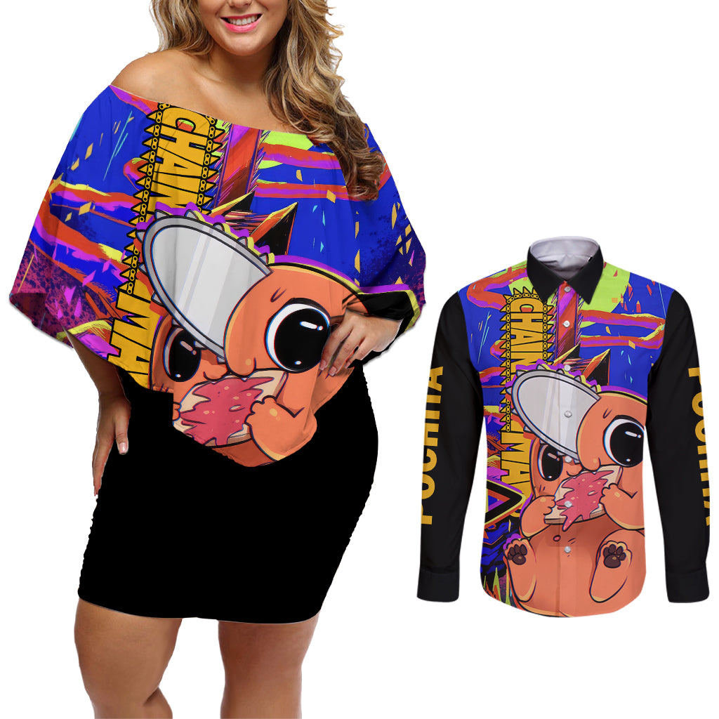 Pochita Couples Matching Off Shoulder Short Dress and Long Sleeve Button Shirt Chainsaw Man