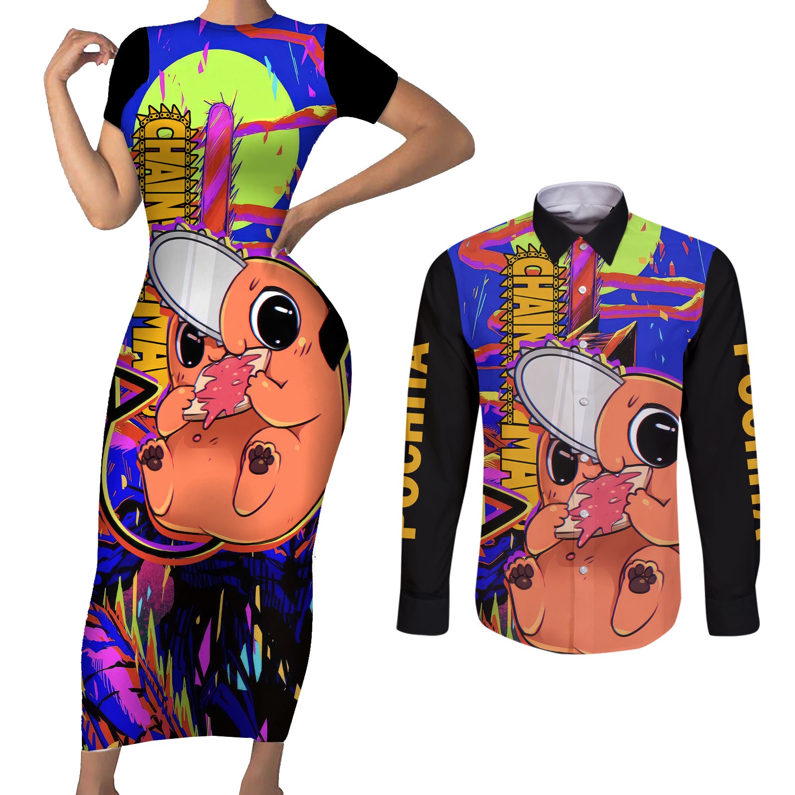 Pochita Couples Matching Short Sleeve Bodycon Dress and Long Sleeve Button Shirt Chainsaw Man