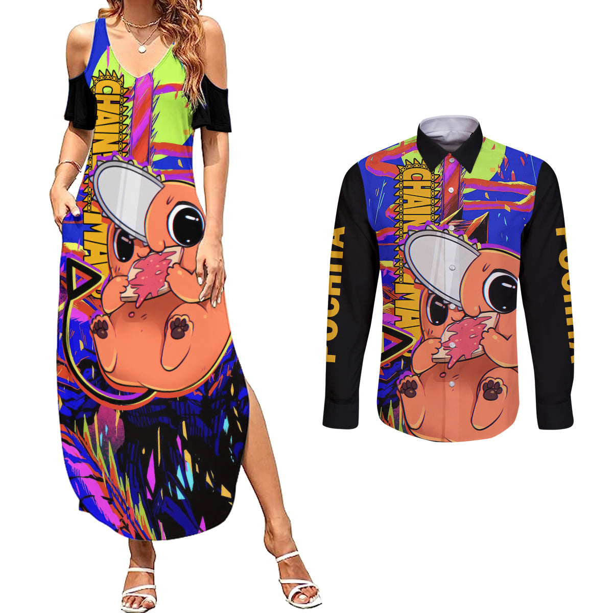 Pochita Couples Matching Summer Maxi Dress and Long Sleeve Button Shirt Chainsaw Man