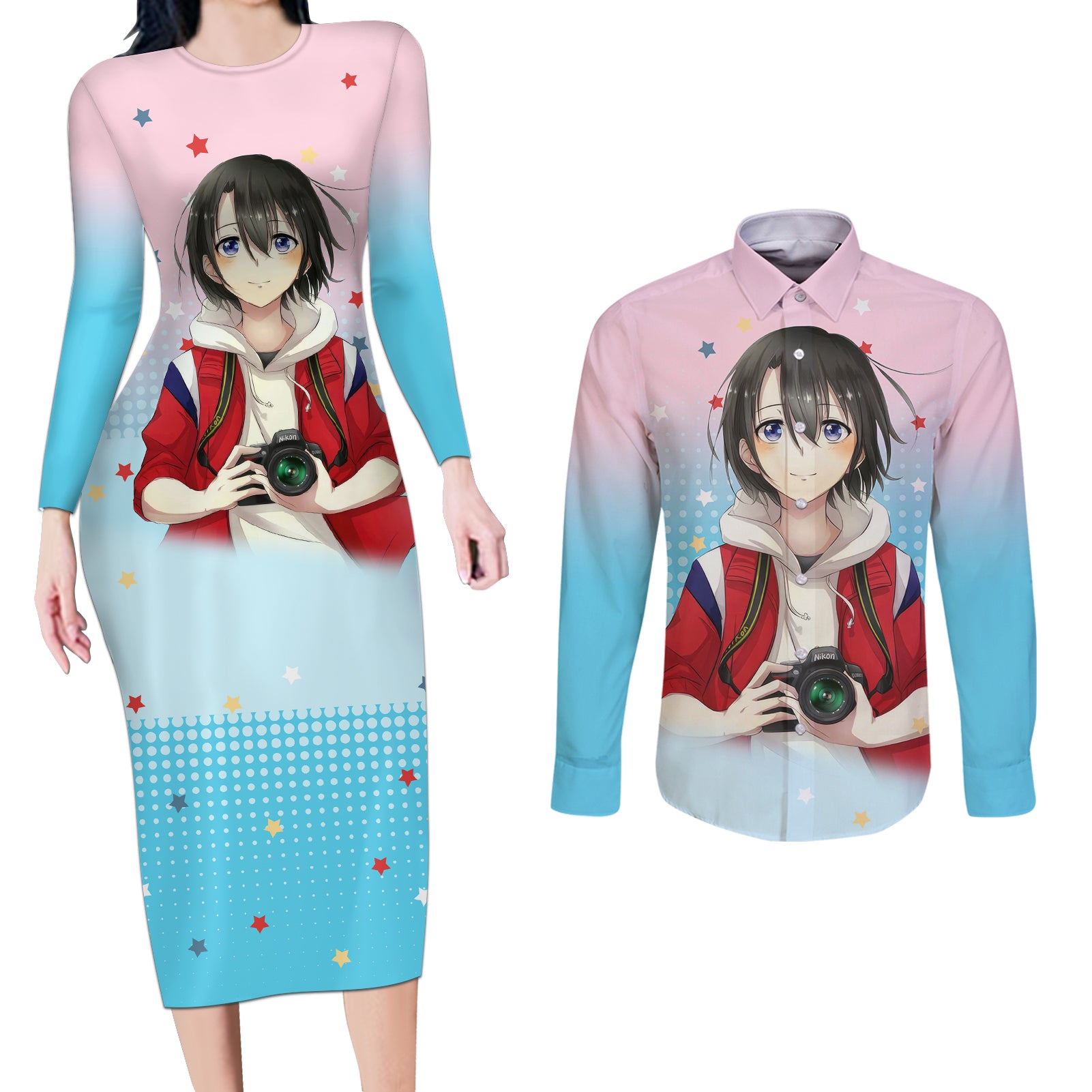 Yuzuru Nishimiya Couples Matching Long Sleeve Bodycon Dress and Long Sleeve Button Shirt A Slient Voice