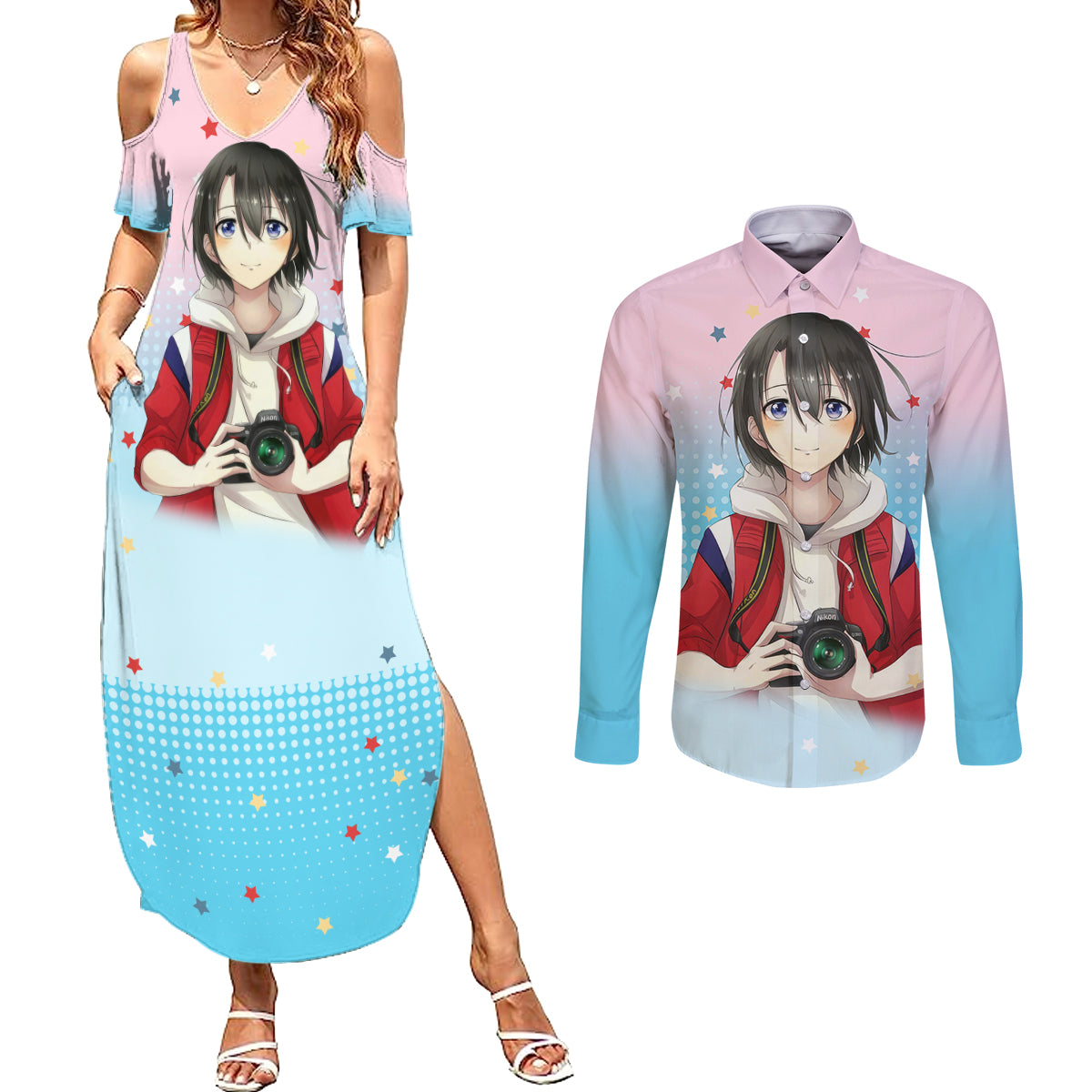 Yuzuru Nishimiya Couples Matching Summer Maxi Dress and Long Sleeve Button Shirt A Slient Voice