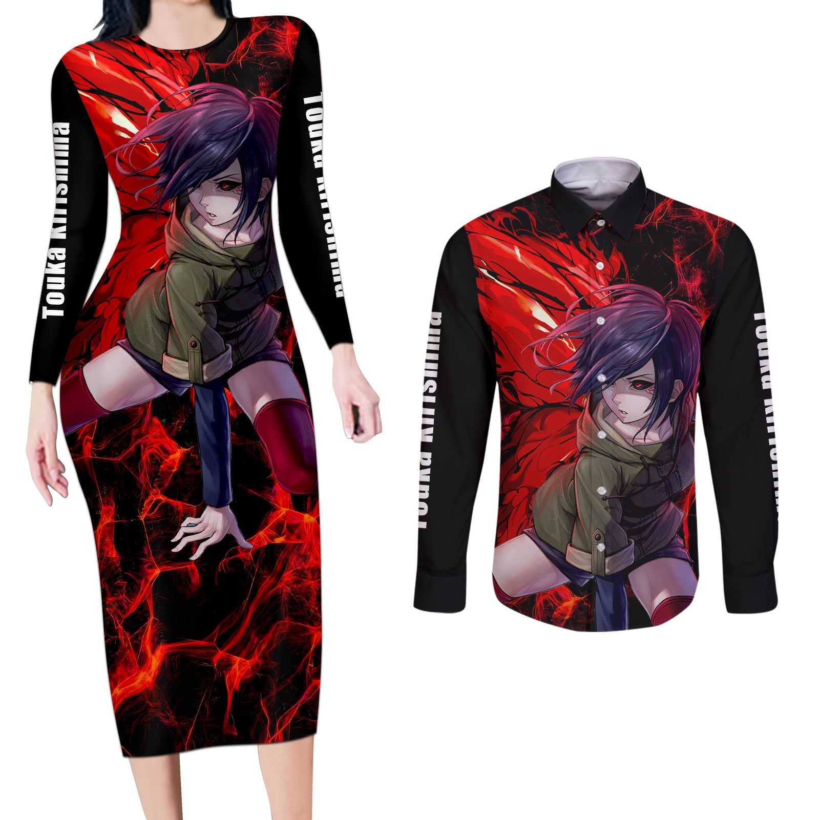 Touka Kirishima Couples Matching Long Sleeve Bodycon Dress and Long Sleeve Button Shirt Bleach