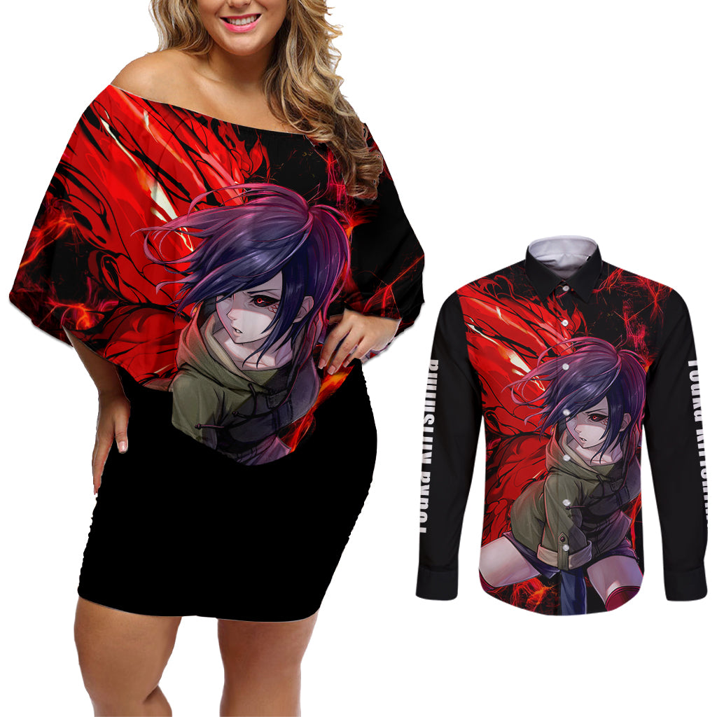 Touka Kirishima Couples Matching Off Shoulder Short Dress and Long Sleeve Button Shirt Bleach