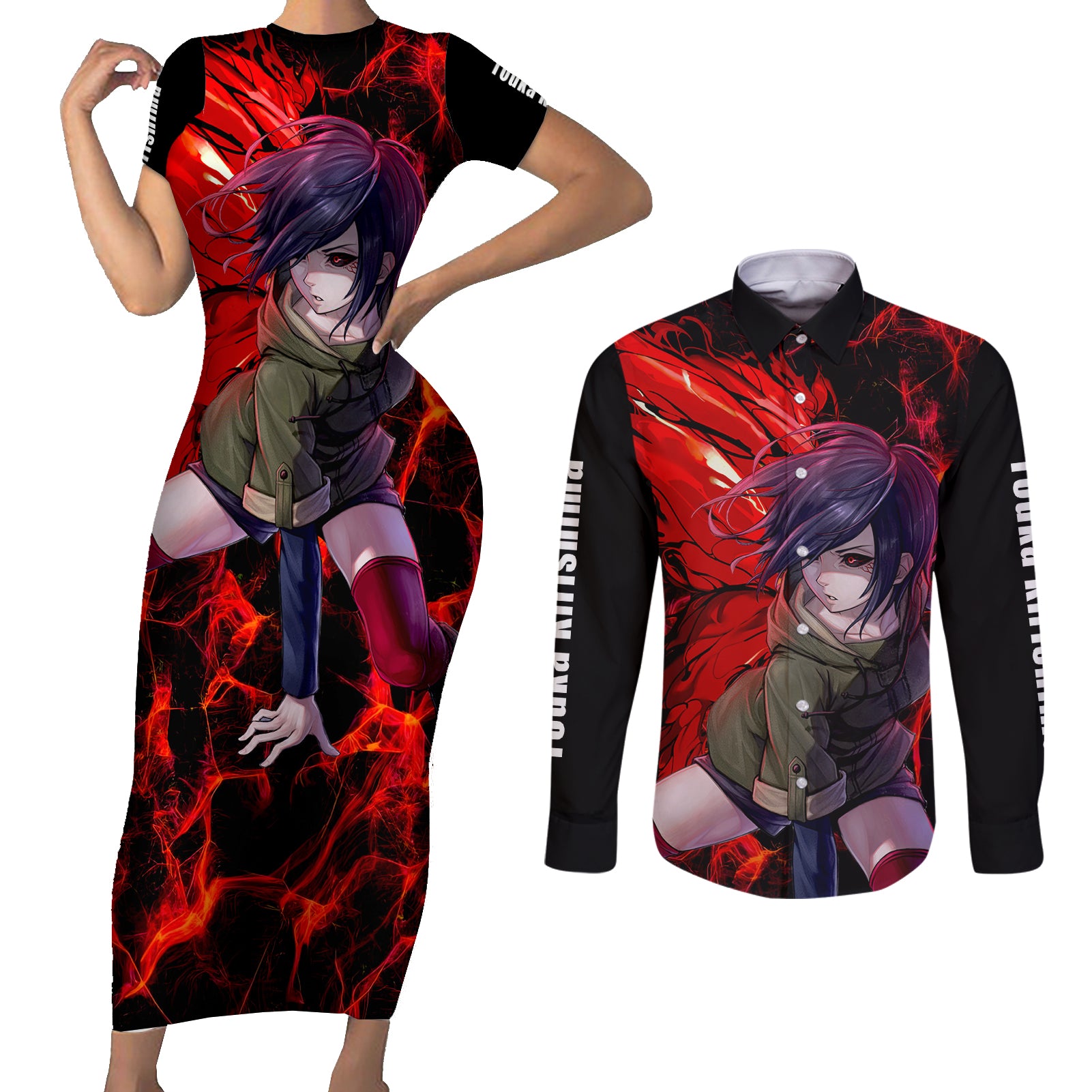 Touka Kirishima Couples Matching Short Sleeve Bodycon Dress and Long Sleeve Button Shirt Bleach