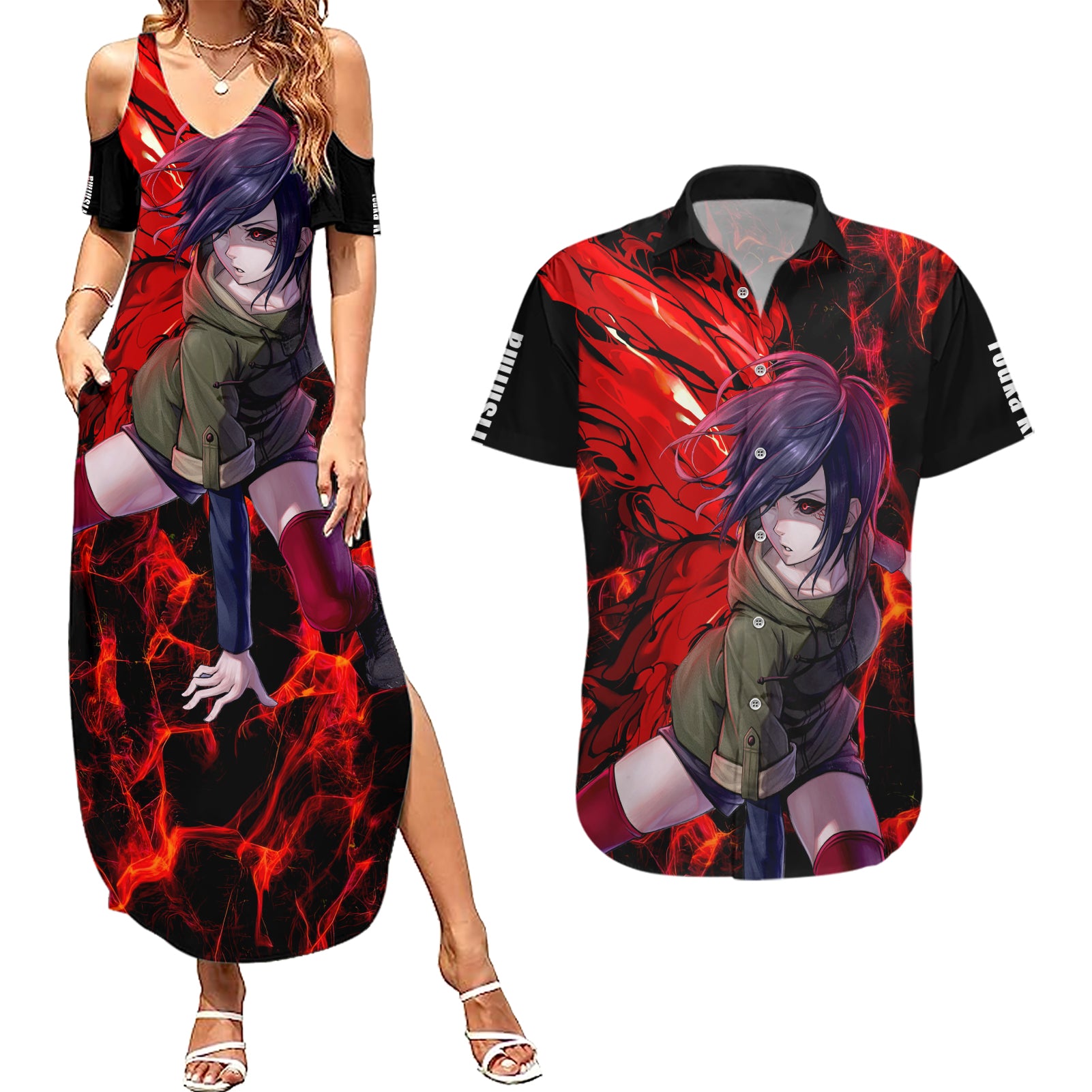 Touka Kirishima Couples Matching Summer Maxi Dress and Hawaiian Shirt Bleach