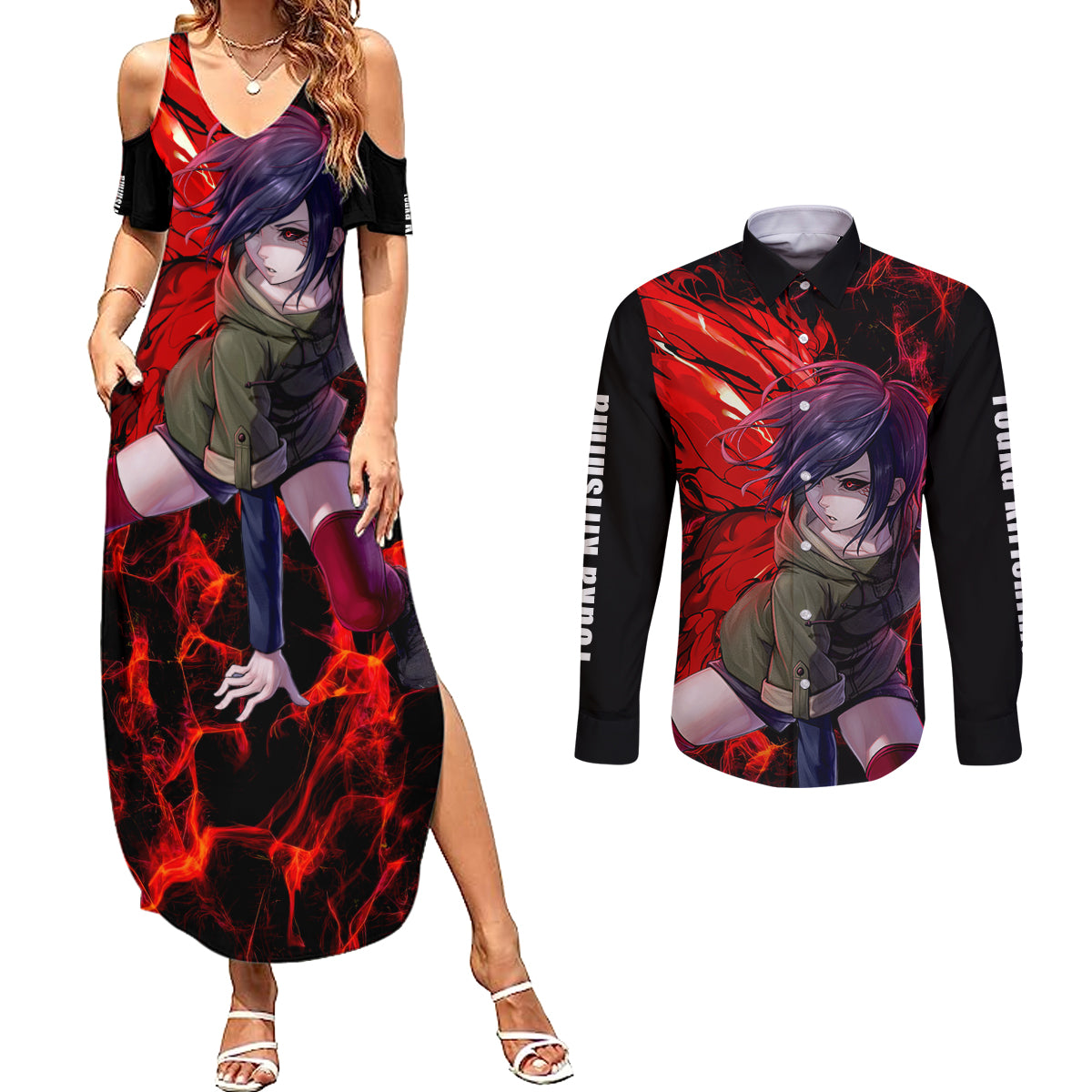 Touka Kirishima Couples Matching Summer Maxi Dress and Long Sleeve Button Shirt Bleach