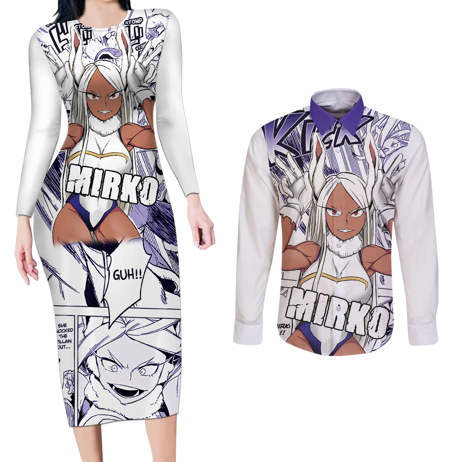 Mirko Couples Matching Long Sleeve Bodycon Dress and Long Sleeve Button Shirt My Hero Academia