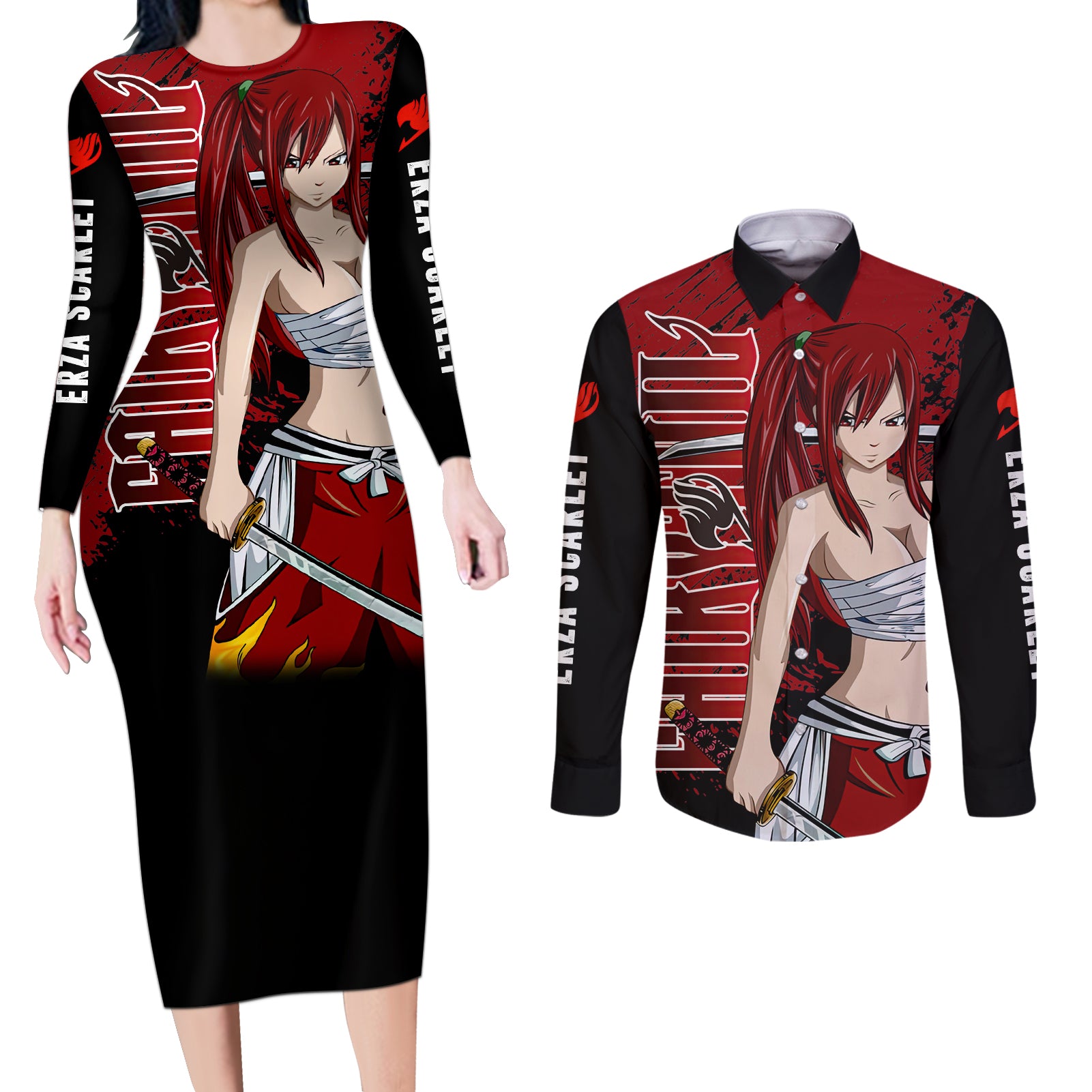 Erza Scarlet Couples Matching Long Sleeve Bodycon Dress and Long Sleeve Button Shirt Fairy Tail