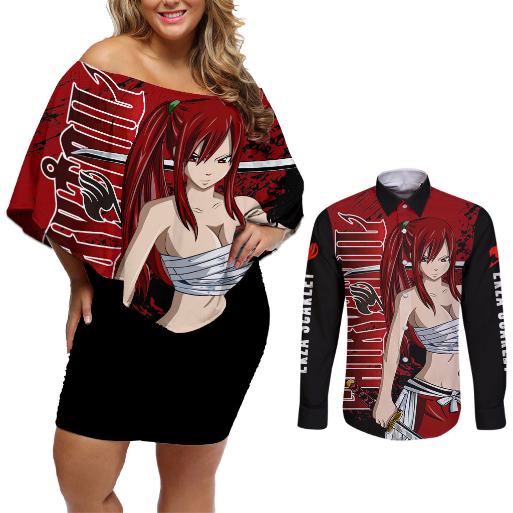 Erza Scarlet Couples Matching Off Shoulder Short Dress and Long Sleeve Button Shirt Fairy Tail