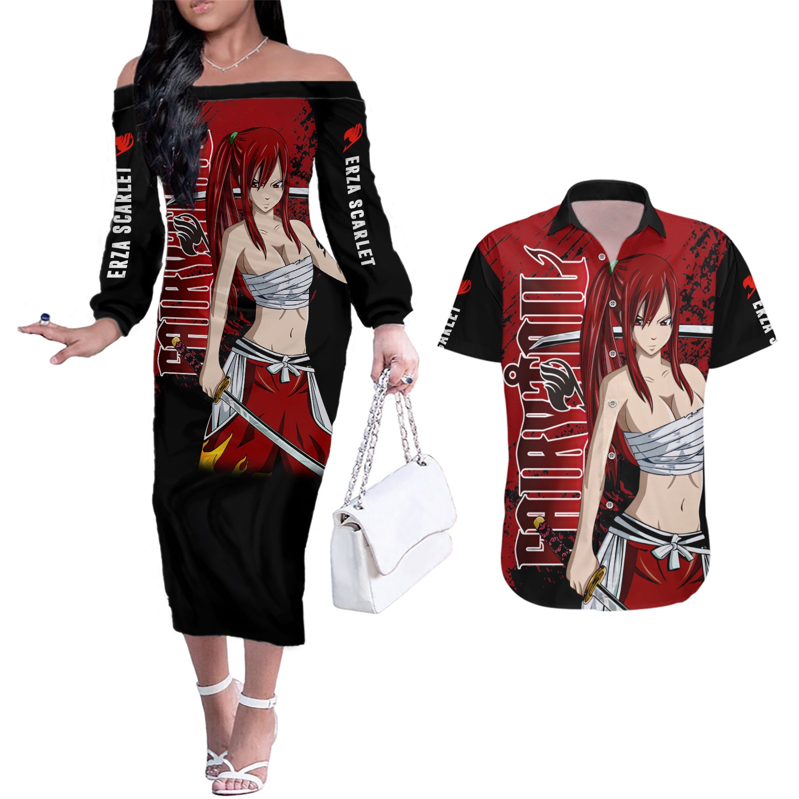 Erza Scarlet Couples Matching Off The Shoulder Long Sleeve Dress and Hawaiian Shirt Fairy Tail