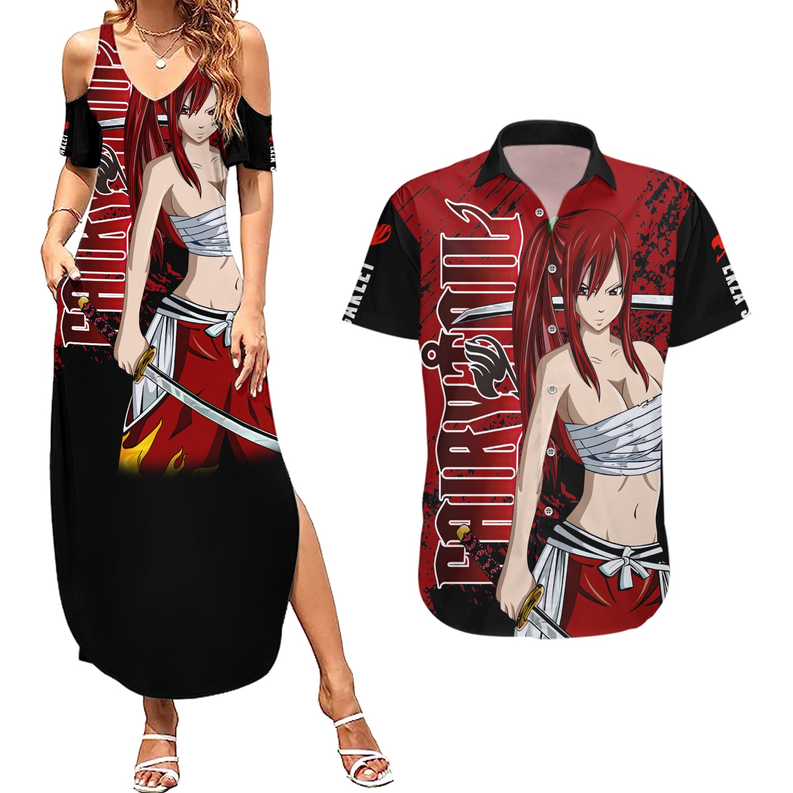 Erza Scarlet Couples Matching Summer Maxi Dress and Hawaiian Shirt Fairy Tail