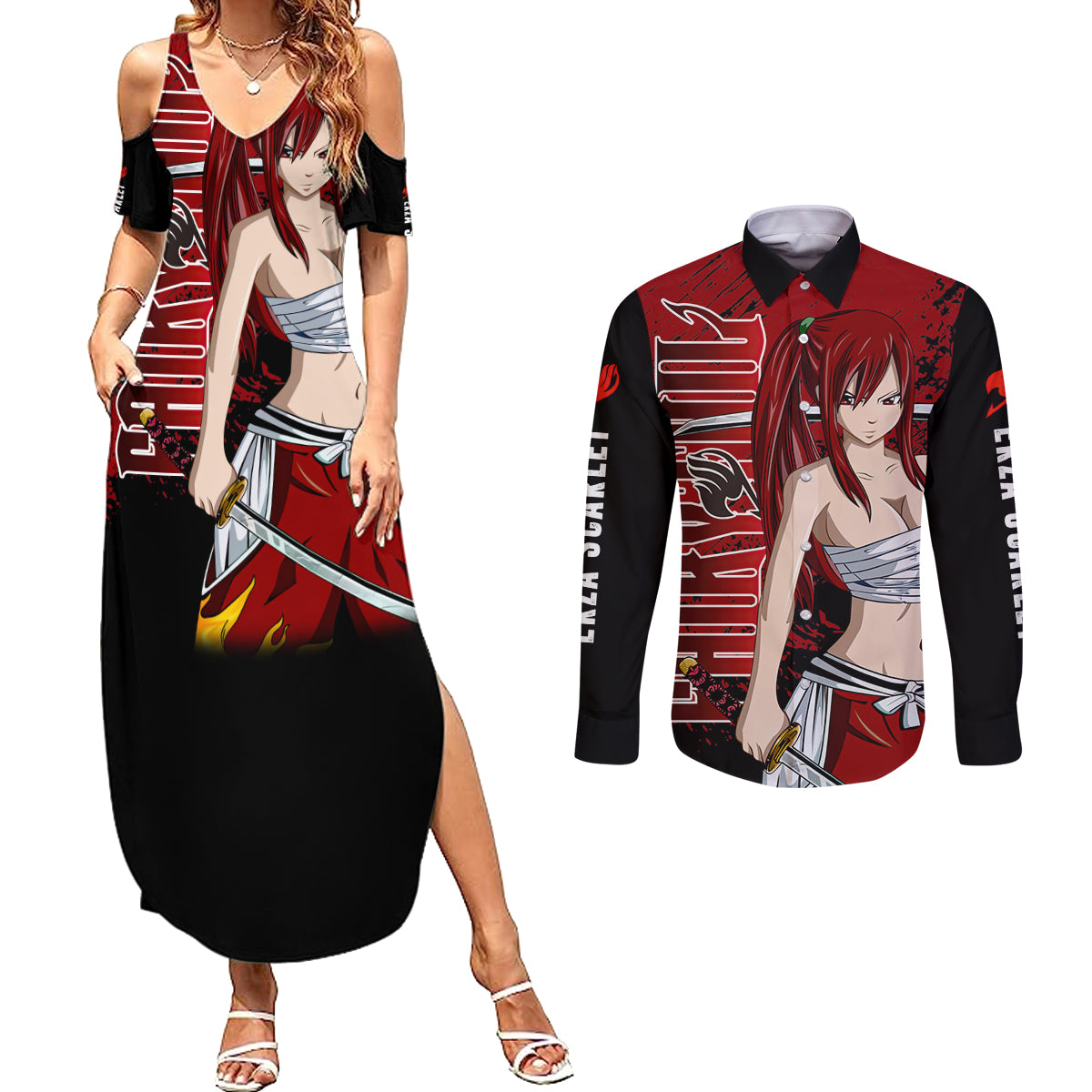 Erza Scarlet Couples Matching Summer Maxi Dress and Long Sleeve Button Shirt Fairy Tail