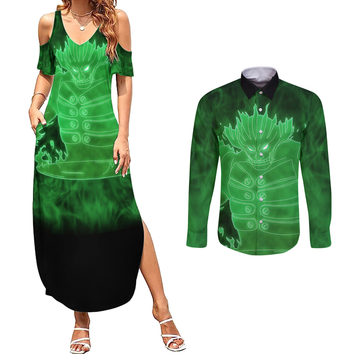 Shisui Susanoo Couples Matching Summer Maxi Dress and Long Sleeve Button Shirt Naruto