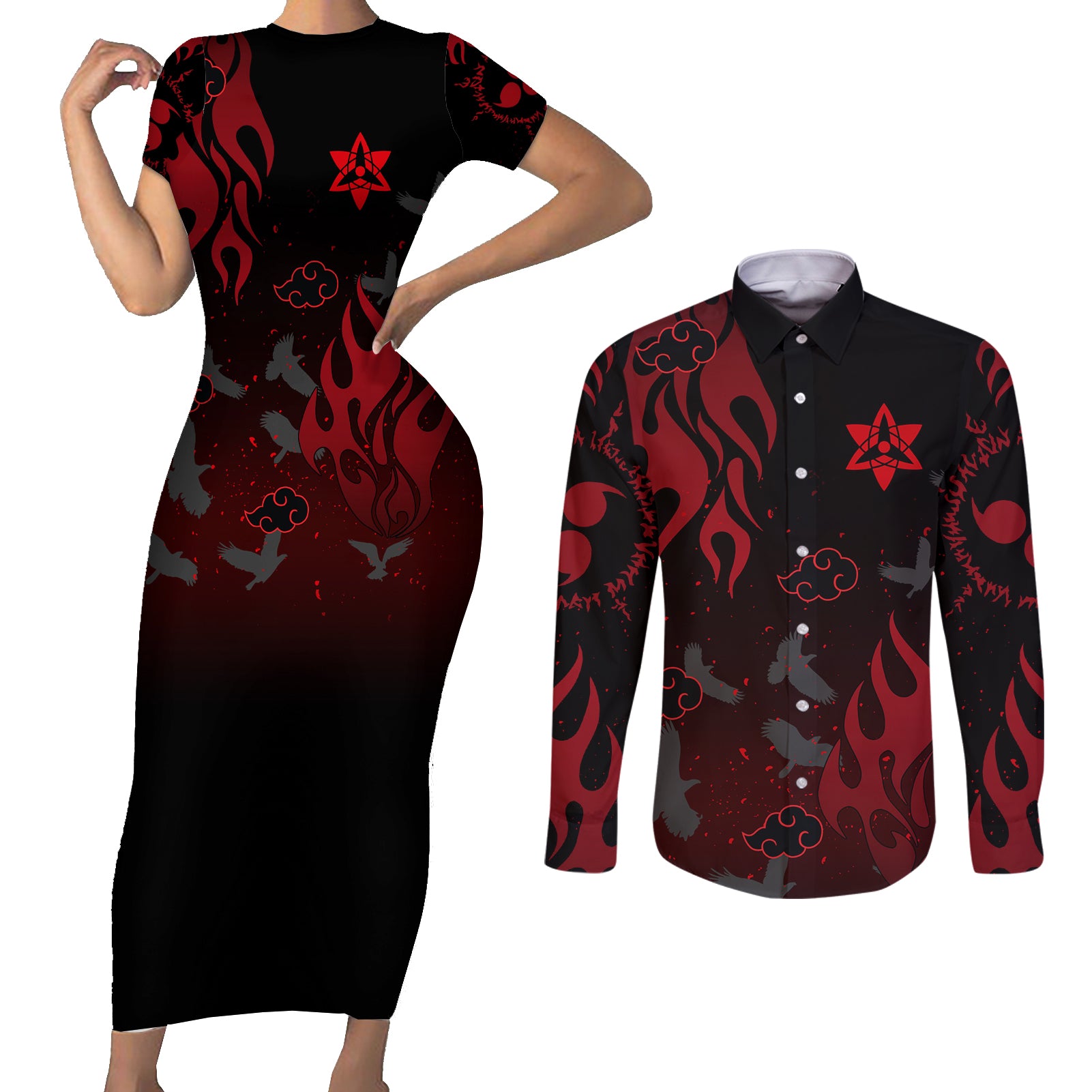 Uchiha Sasuke Couples Matching Short Sleeve Bodycon Dress and Long Sleeve Button Shirt Naruto