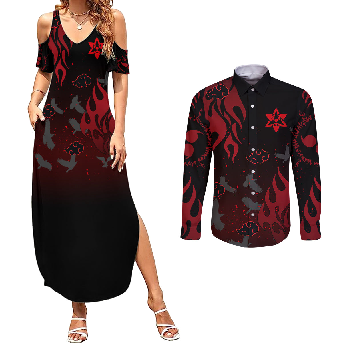 Uchiha Sasuke Couples Matching Summer Maxi Dress and Long Sleeve Button Shirt Naruto