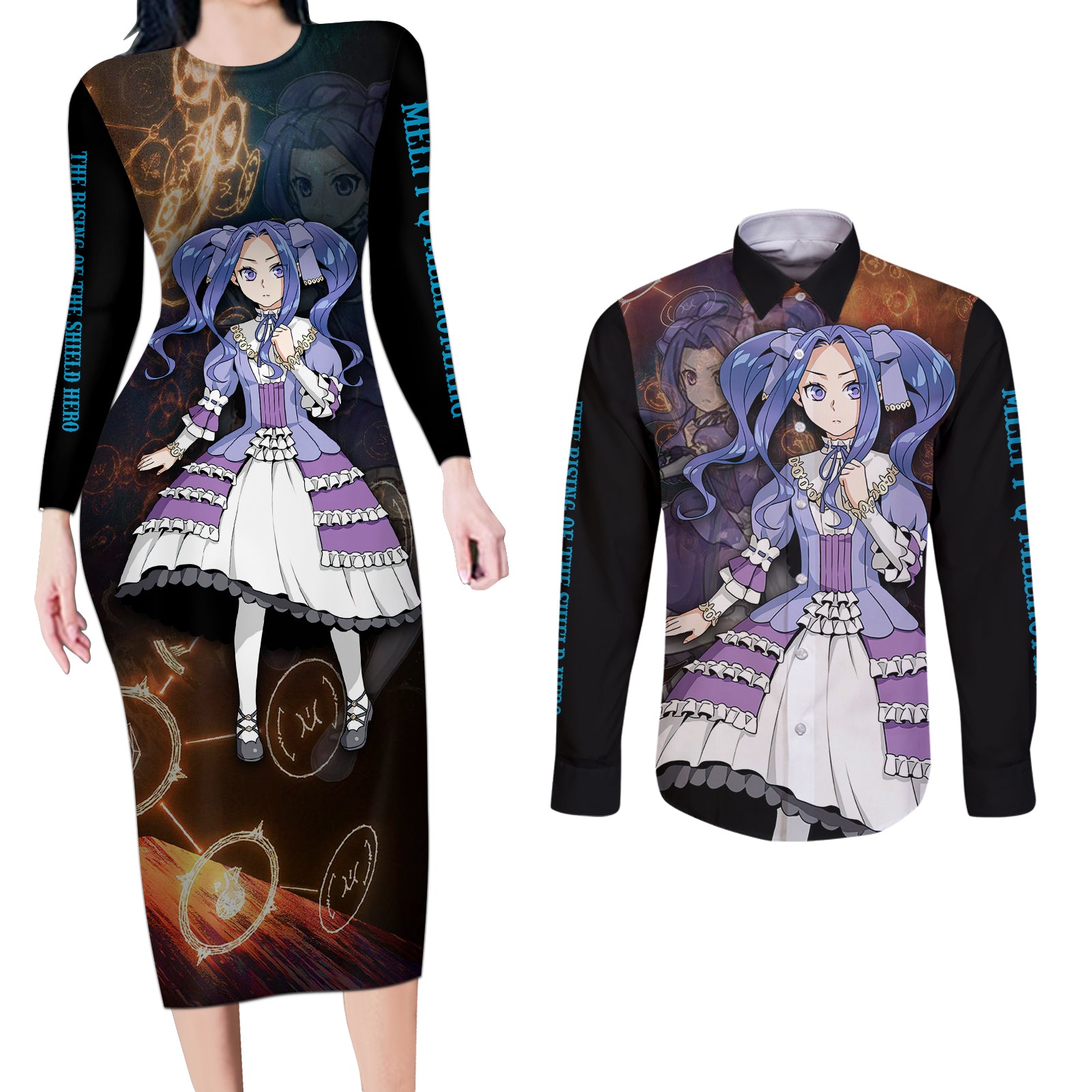 Melty Q Melromarc Rising Of The Shield Hero Couples Matching Long Sleeve Bodycon Dress and Long Sleeve Button Shirt Anime Style