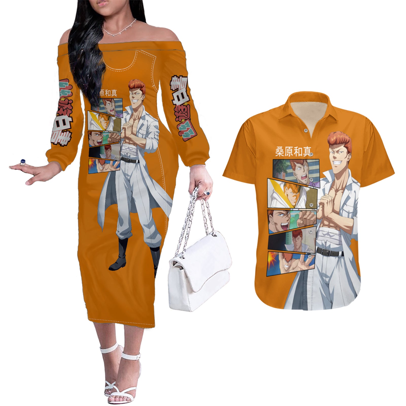 Kazuma Kuwabara Couples Matching Off The Shoulder Long Sleeve Dress and Hawaiian Shirt YuYu Hakusho