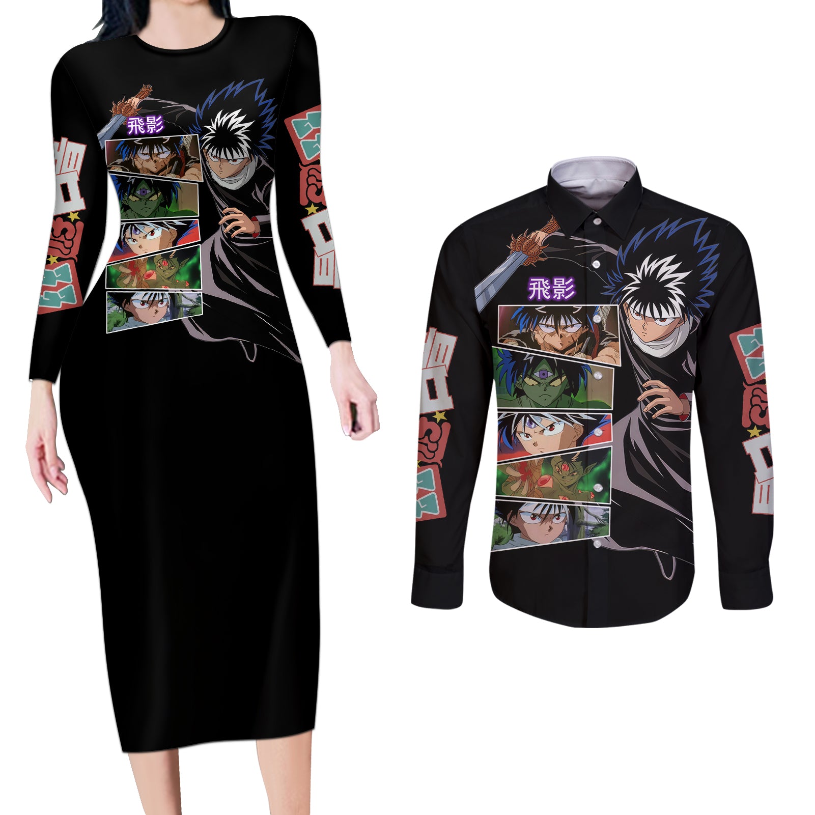 Hiei Couples Matching Long Sleeve Bodycon Dress and Long Sleeve Button Shirt YuYu Hakusho