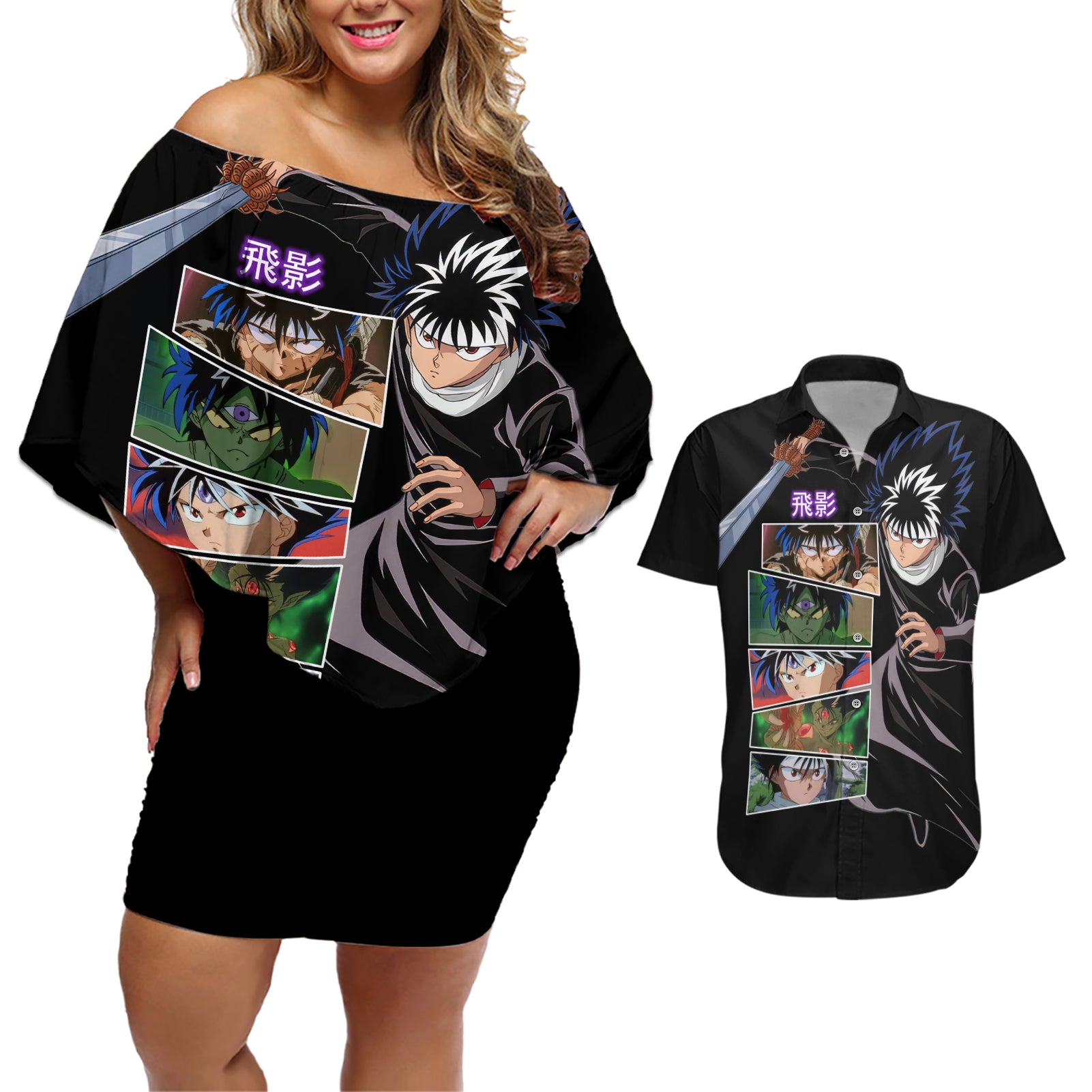 Hiei Couples Matching Off Shoulder Short Dress and Hawaiian Shirt YuYu Hakusho