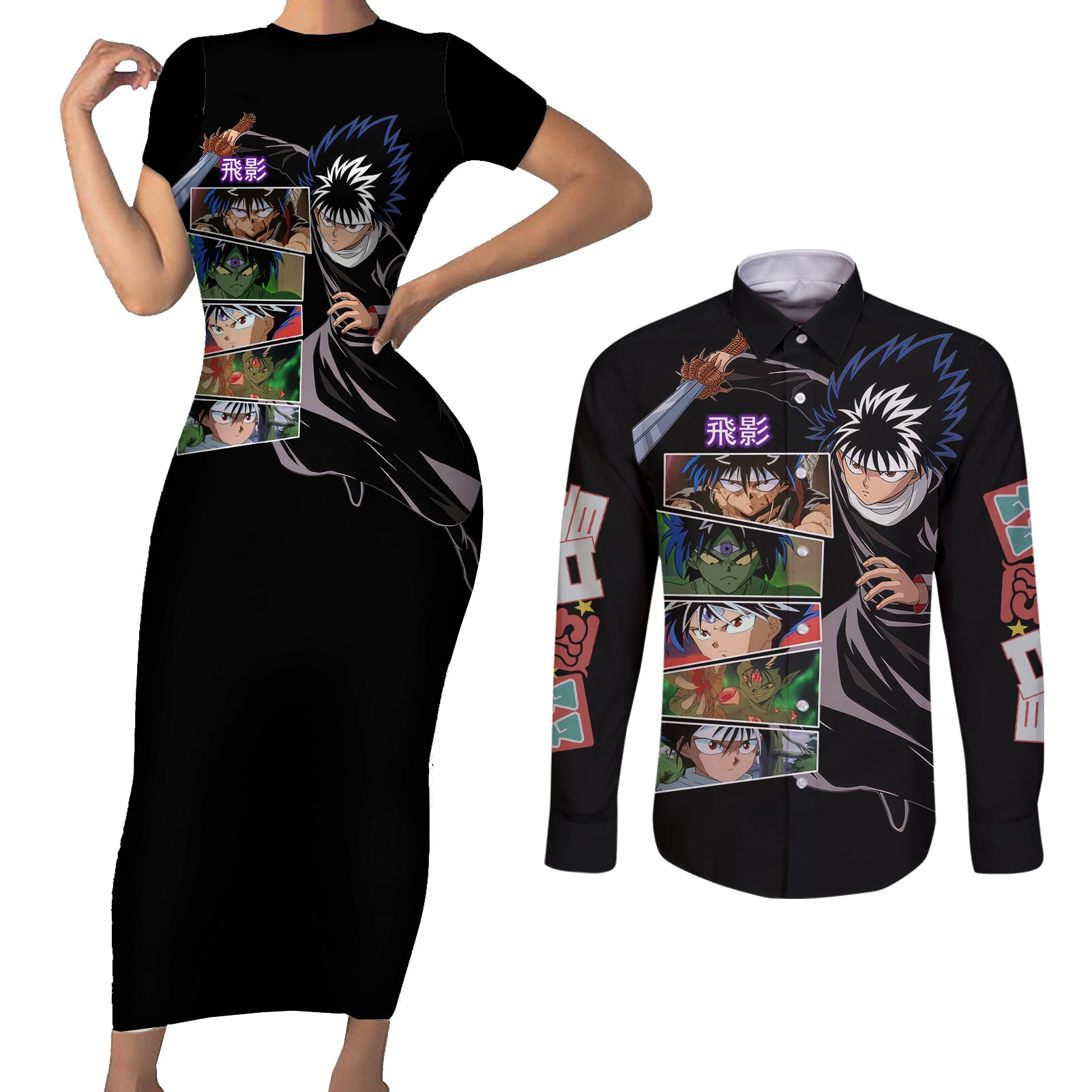 Hiei Couples Matching Short Sleeve Bodycon Dress and Long Sleeve Button Shirt YuYu Hakusho