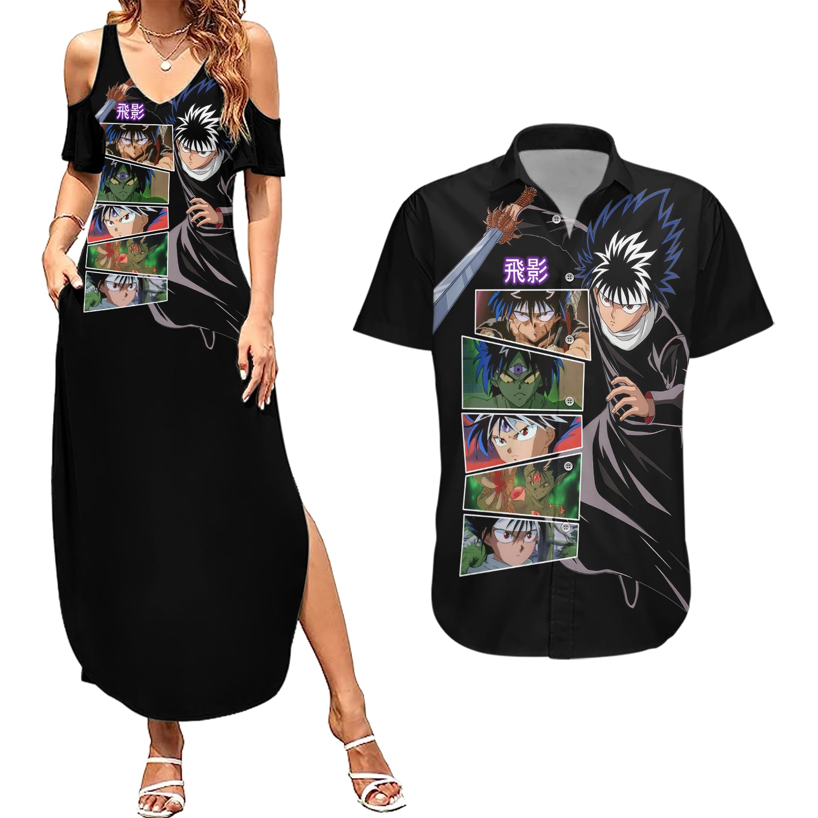 Hiei Couples Matching Summer Maxi Dress and Hawaiian Shirt YuYu Hakusho