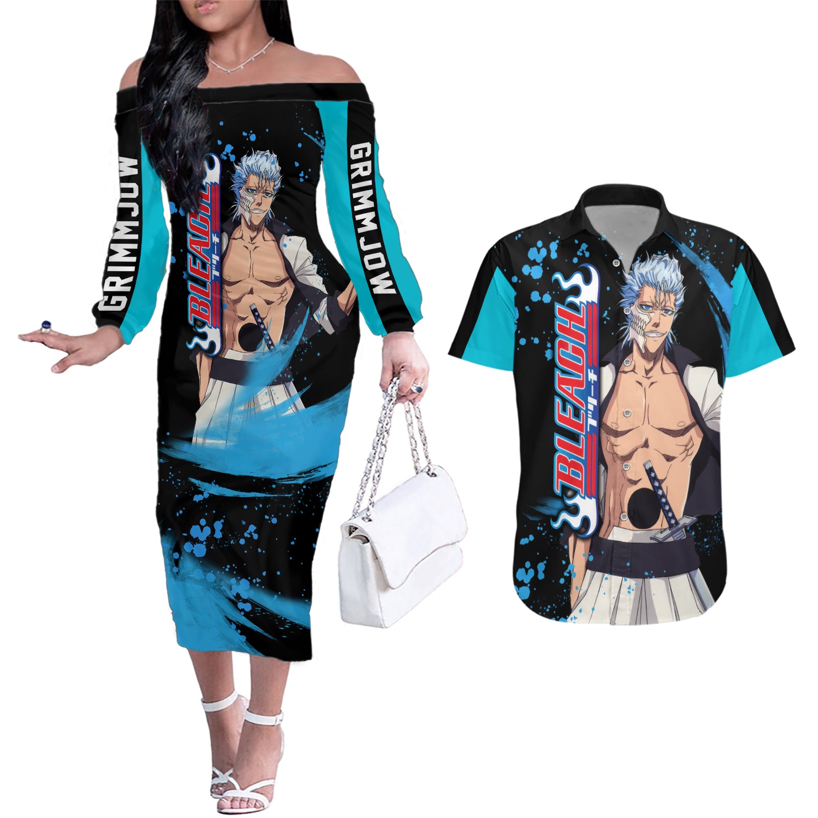 Grimmjow Couples Matching Off The Shoulder Long Sleeve Dress and Hawaiian Shirt Bleach