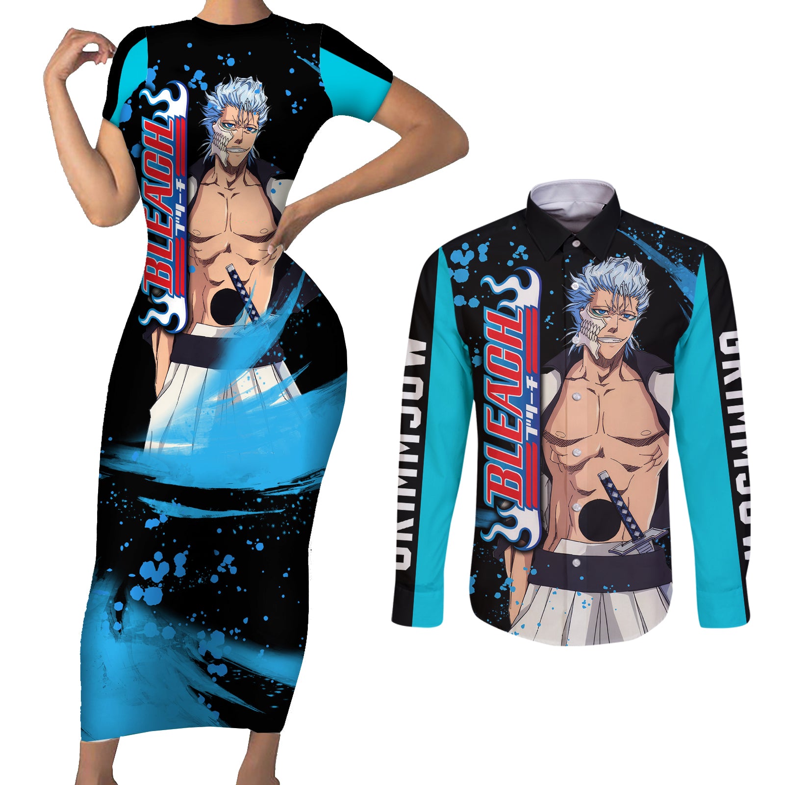 Grimmjow Couples Matching Short Sleeve Bodycon Dress and Long Sleeve Button Shirt Bleach