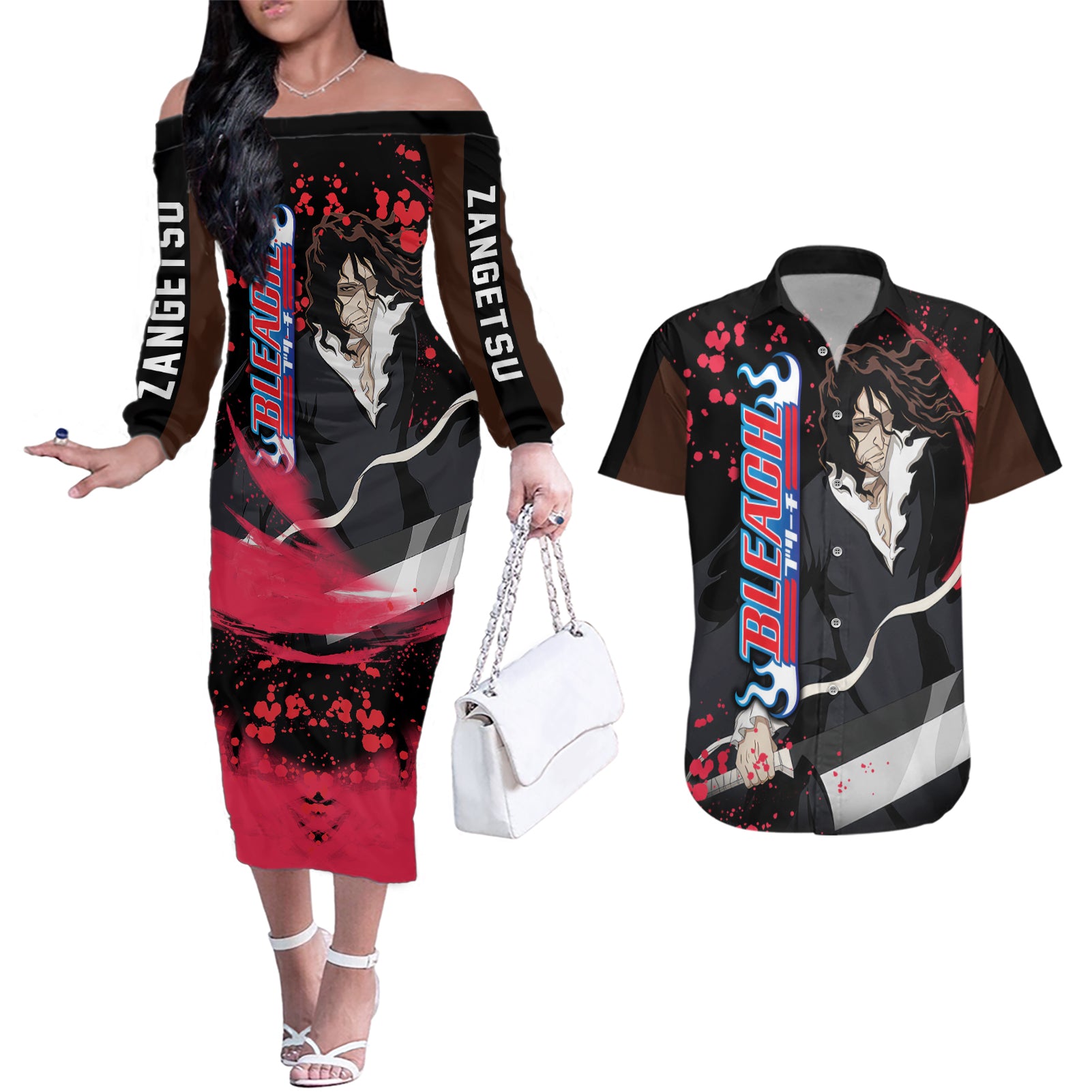 Zangetsu Couples Matching Off The Shoulder Long Sleeve Dress and Hawaiian Shirt Bleach