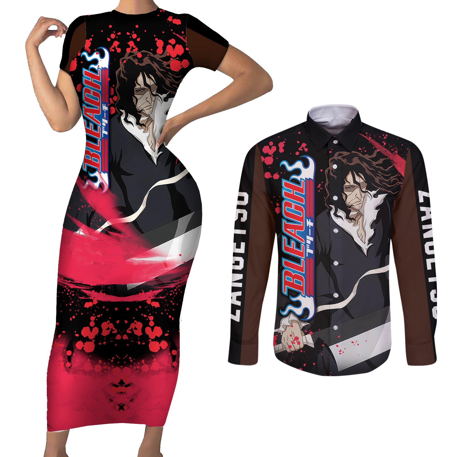 Zangetsu Couples Matching Short Sleeve Bodycon Dress and Long Sleeve Button Shirt Bleach