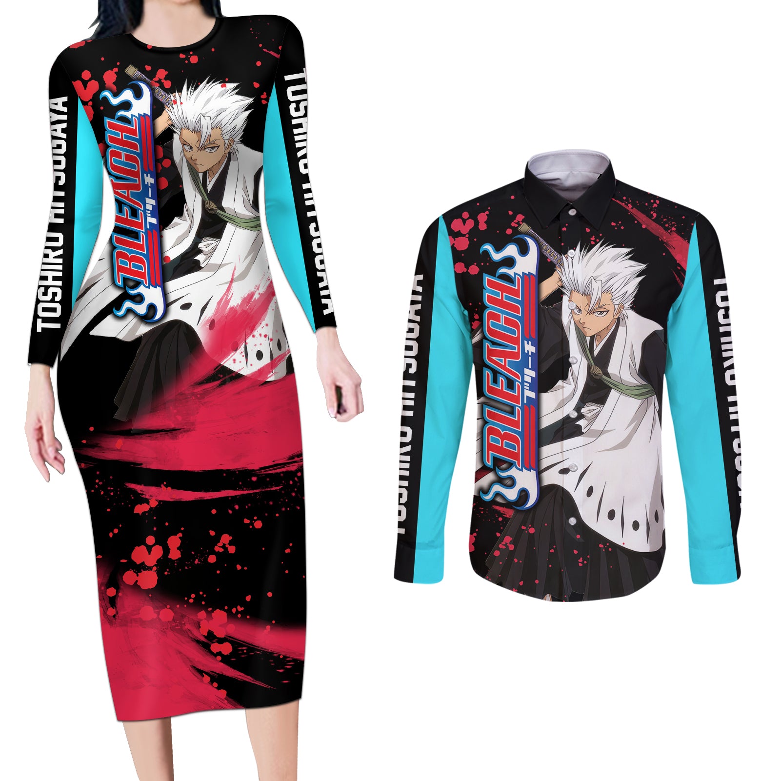 Toshiro Hitsugaya Couples Matching Long Sleeve Bodycon Dress and Long Sleeve Button Shirt Bleach