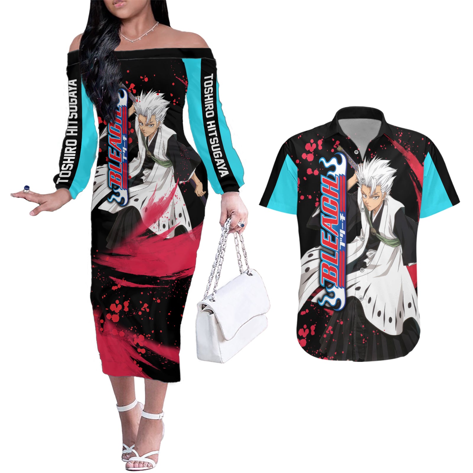 Toshiro Hitsugaya Couples Matching Off The Shoulder Long Sleeve Dress and Hawaiian Shirt Bleach