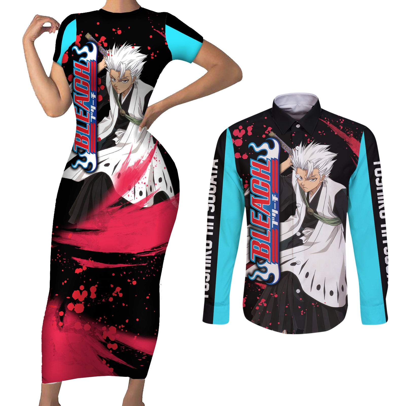 Toshiro Hitsugaya Couples Matching Short Sleeve Bodycon Dress and Long Sleeve Button Shirt Bleach