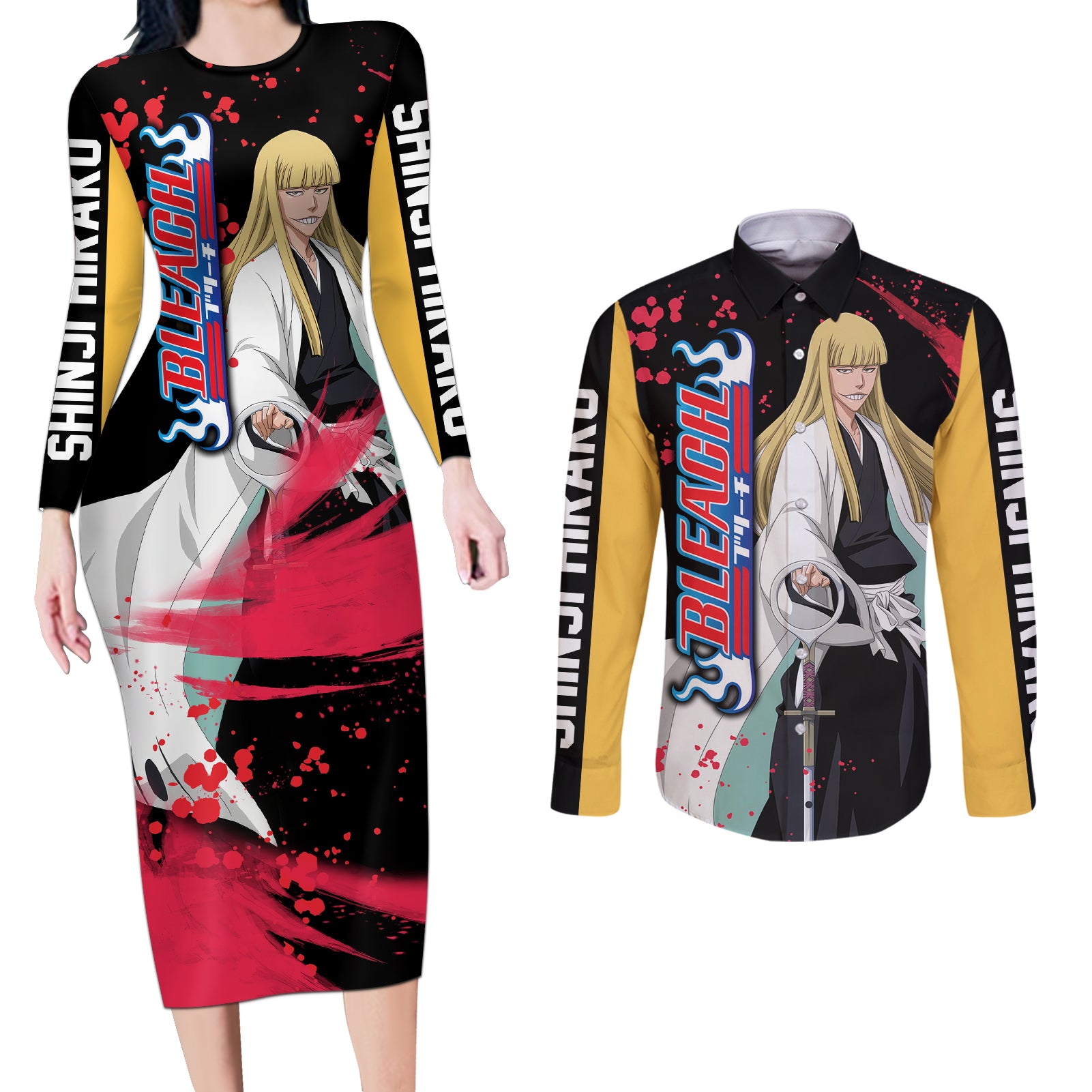 Shinji Hirako Couples Matching Long Sleeve Bodycon Dress and Long Sleeve Button Shirt Bleach