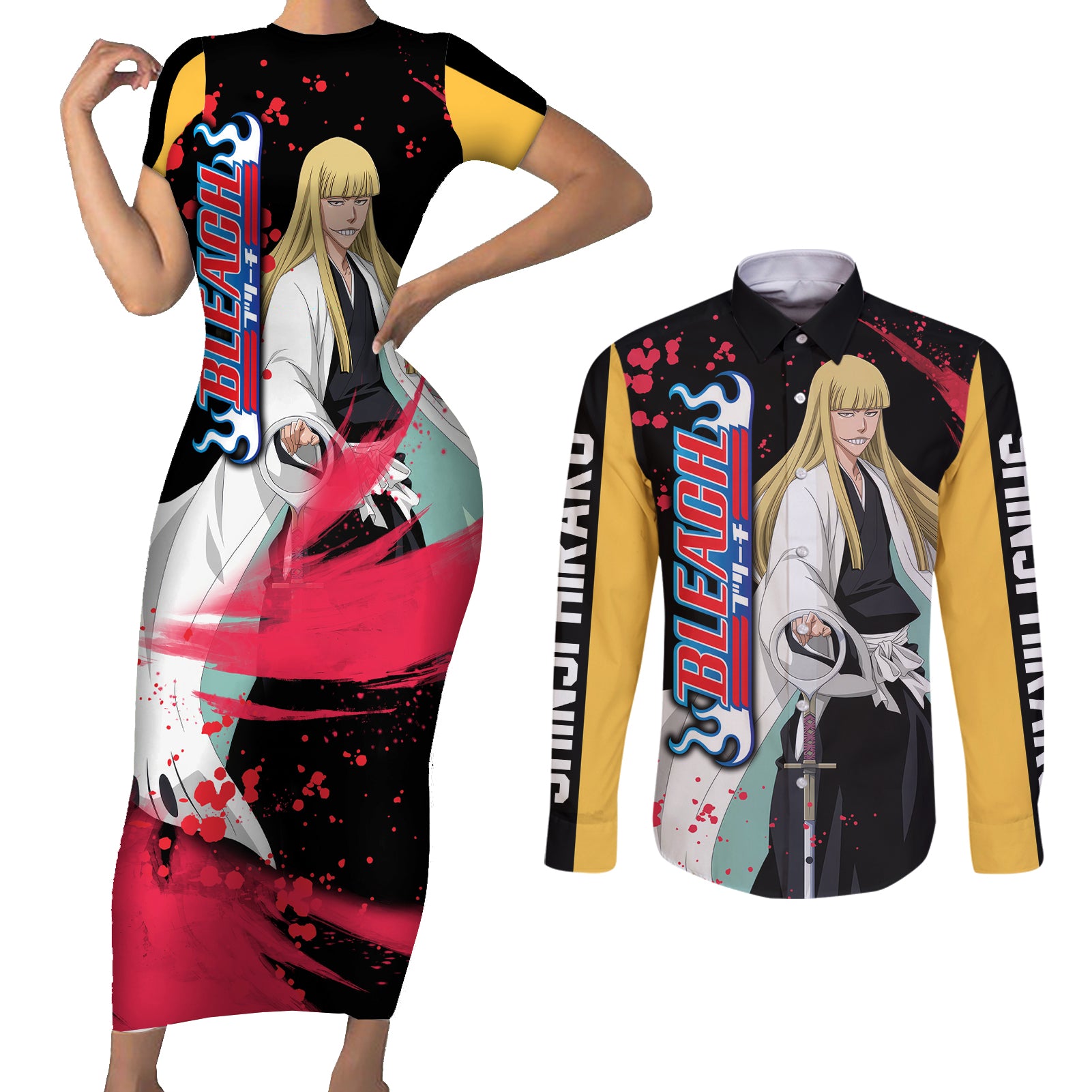 Shinji Hirako Couples Matching Short Sleeve Bodycon Dress and Long Sleeve Button Shirt Bleach