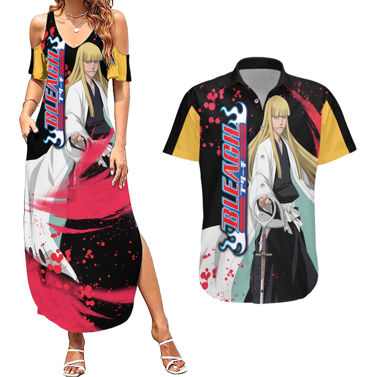 Shinji Hirako Couples Matching Summer Maxi Dress and Hawaiian Shirt Bleach