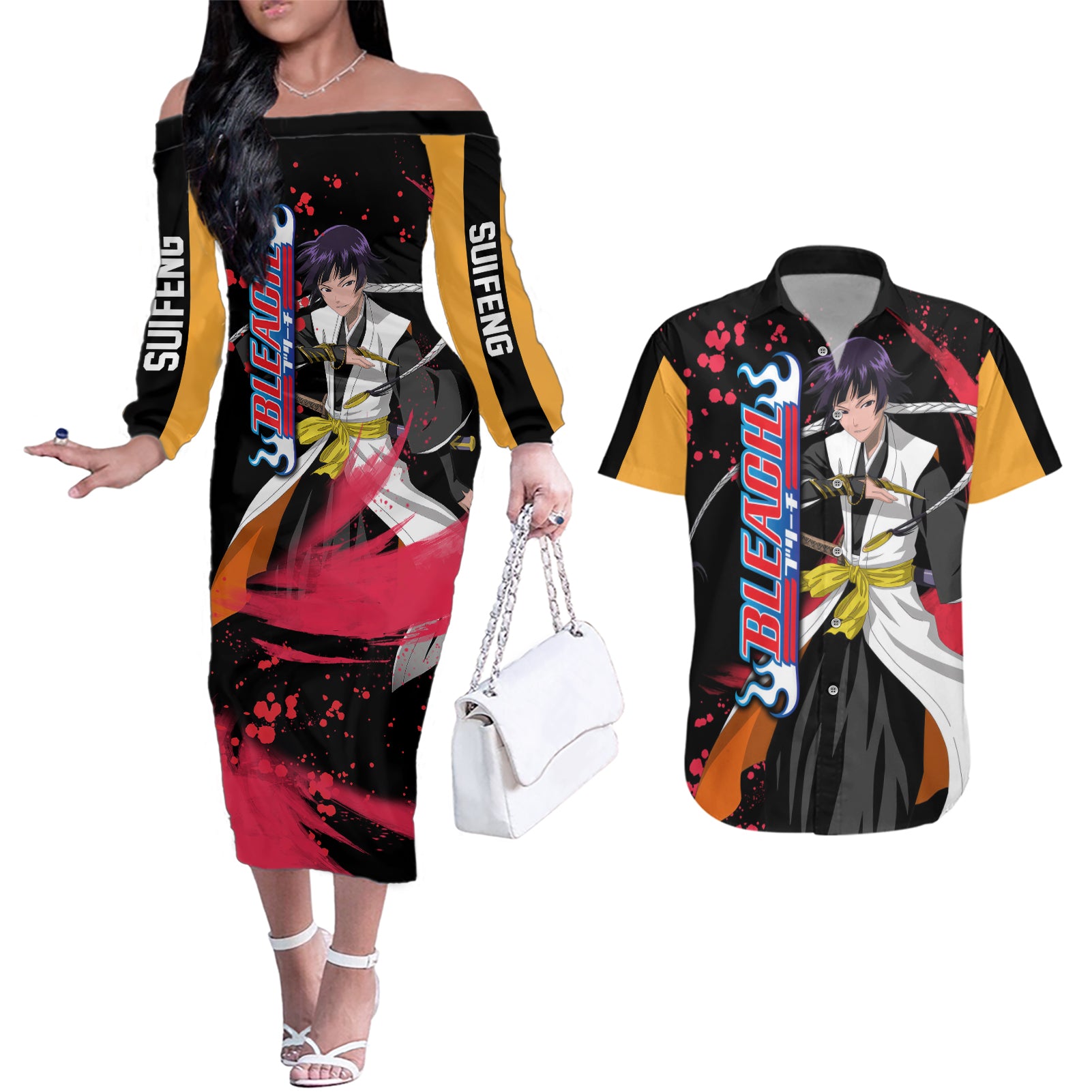 Soifon Sui-Feng Couples Matching Off The Shoulder Long Sleeve Dress and Hawaiian Shirt Bleach