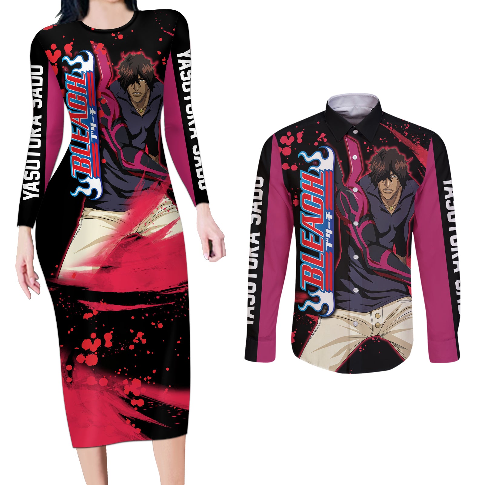 Yasutora Sado Chad Couples Matching Long Sleeve Bodycon Dress and Long Sleeve Button Shirt Bleach