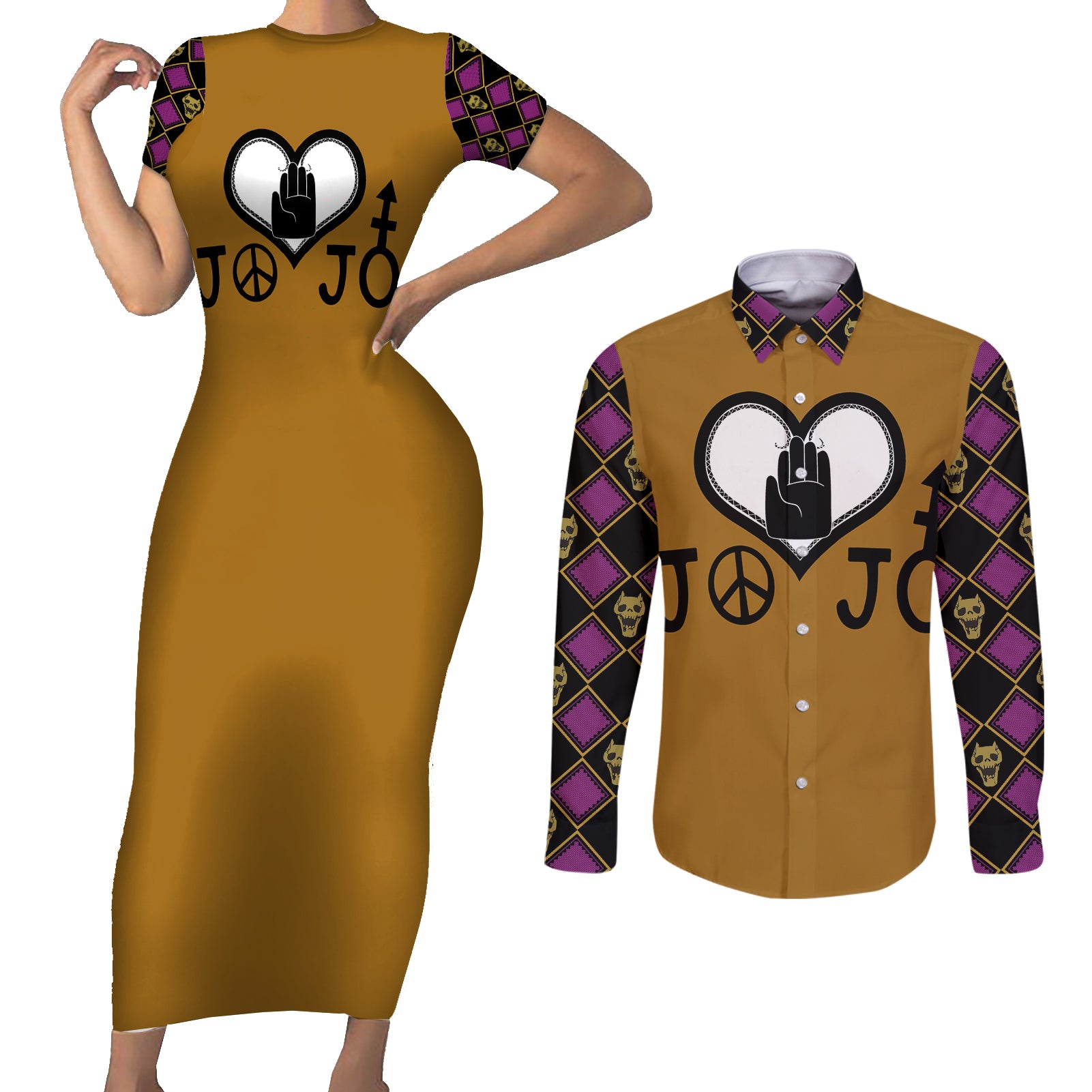 JJBA Symbols Couples Matching Short Sleeve Bodycon Dress and Long Sleeve Button Shirt JJBAs