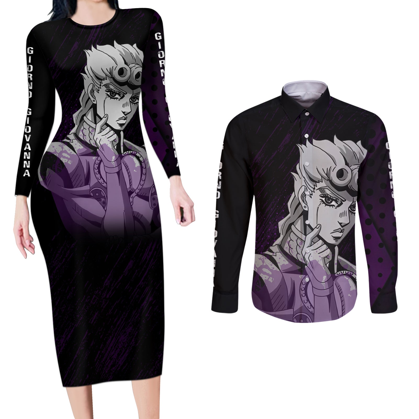 Giorno Giovanna Couples Matching Long Sleeve Bodycon Dress and Long Sleeve Button Shirt JJBAs Anime Style