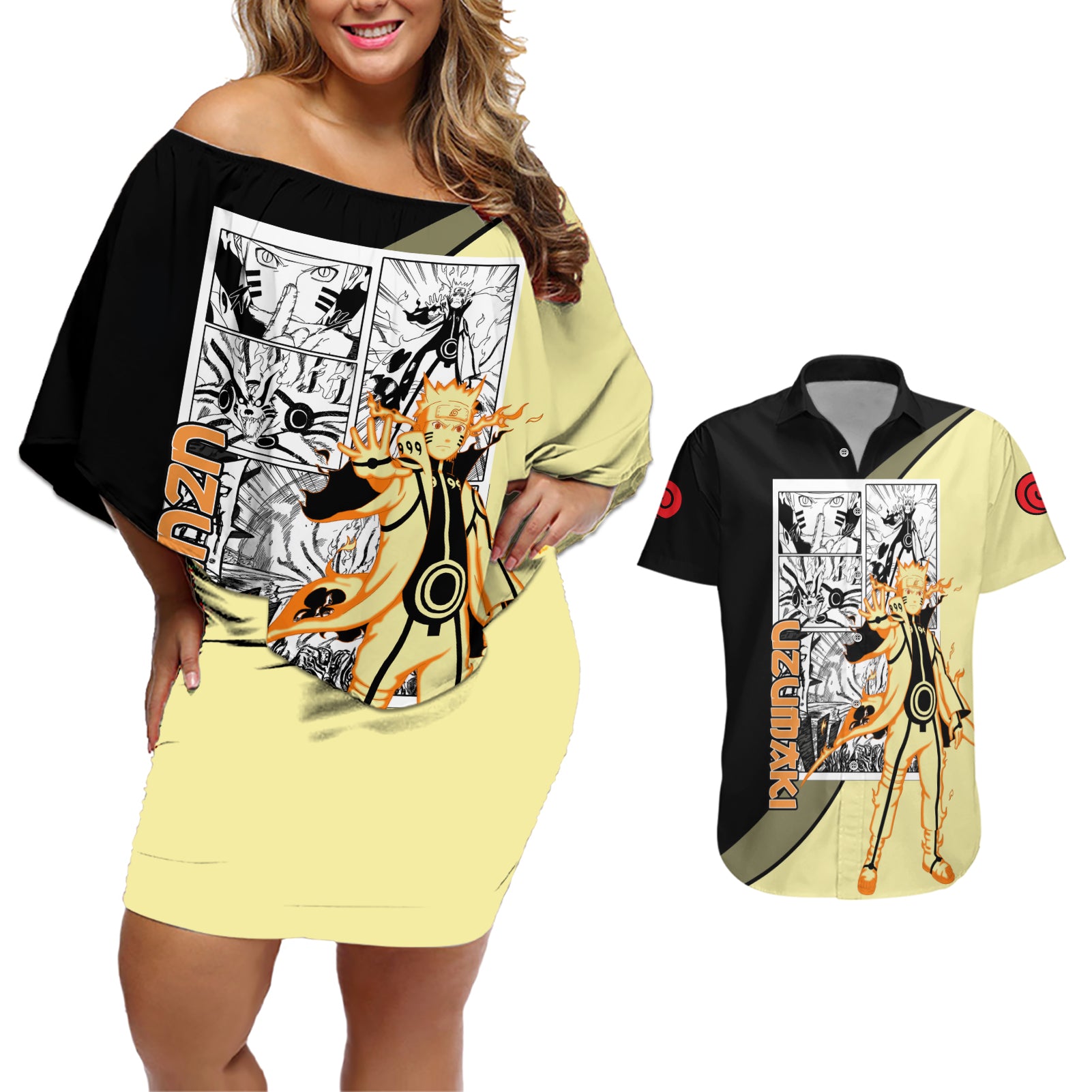 Nrt Uzumaki Bijuu - Naruto Couples Matching Off Shoulder Short Dress and Hawaiian Shirt Anime Mix Manga Style