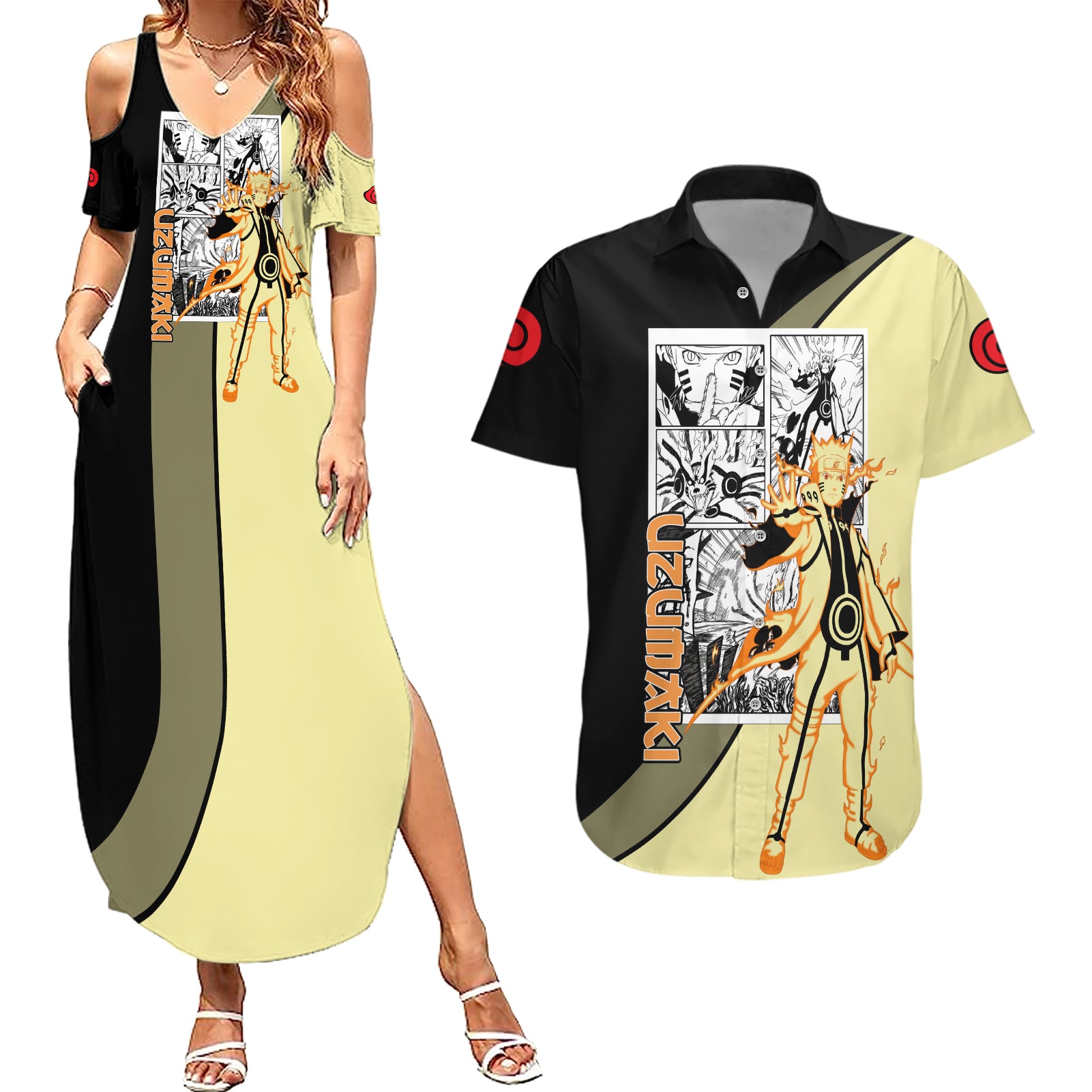 Nrt Uzumaki Bijuu - Naruto Couples Matching Summer Maxi Dress and Hawaiian Shirt Anime Mix Manga Style